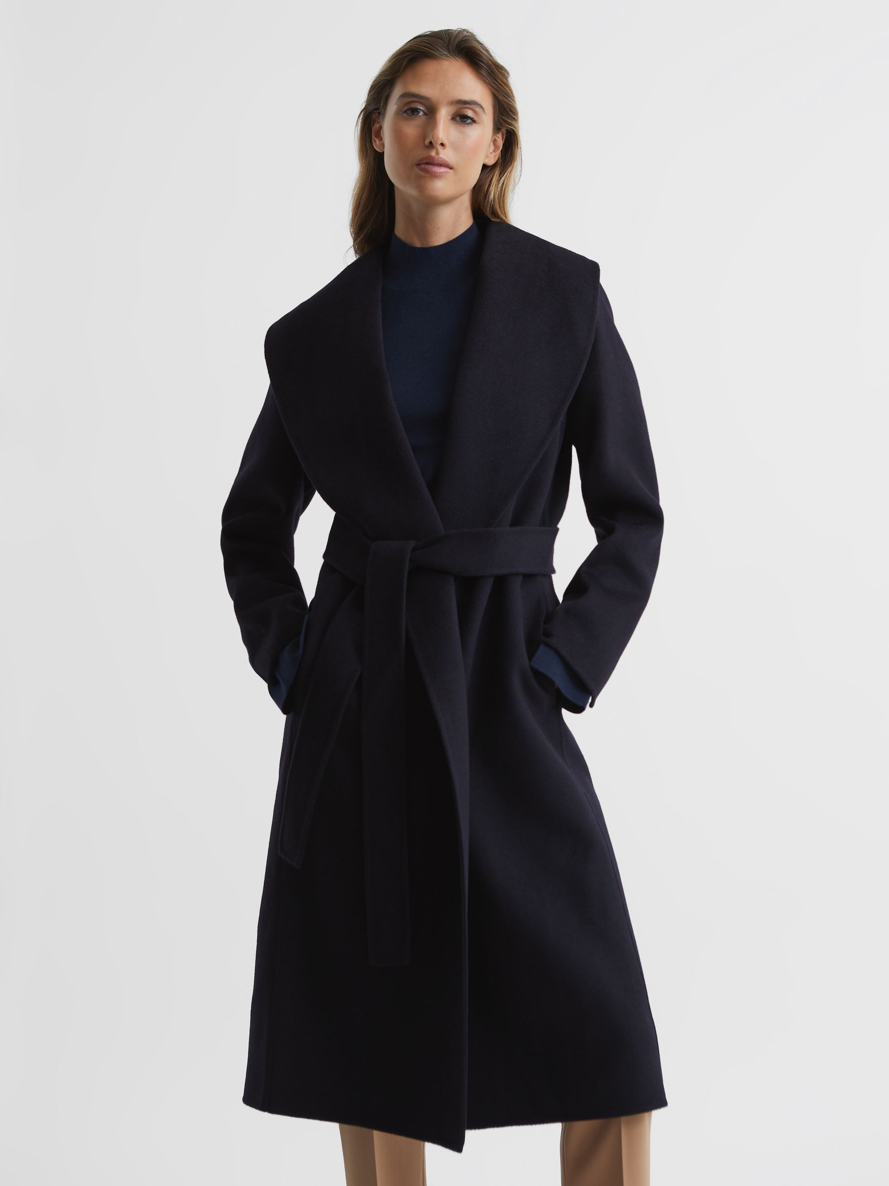 Shawl Collar Blindseam Long Coat in Navy - Image 4 of 5