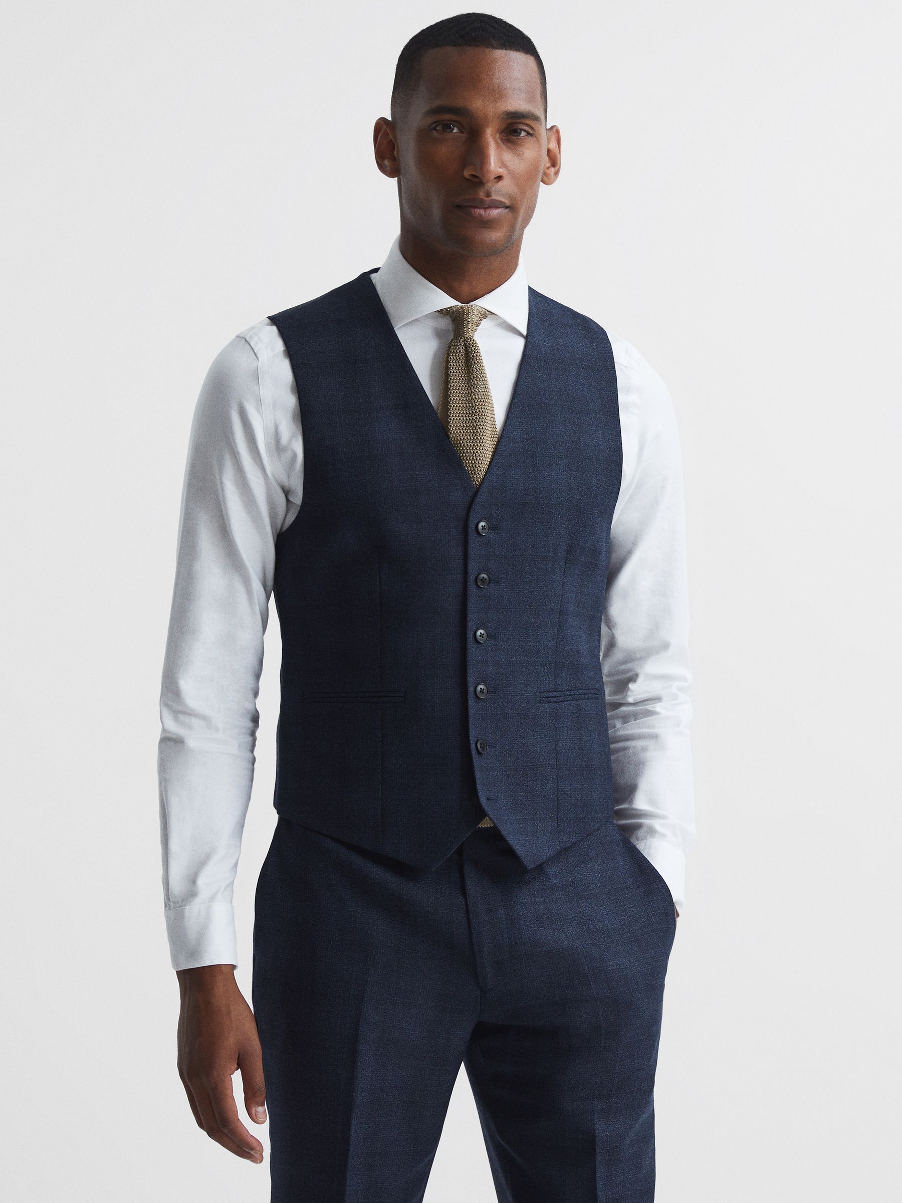 Ancroft Navy Prince Of Wales Check Slim Fit Waistcoat - Image 1 of 6