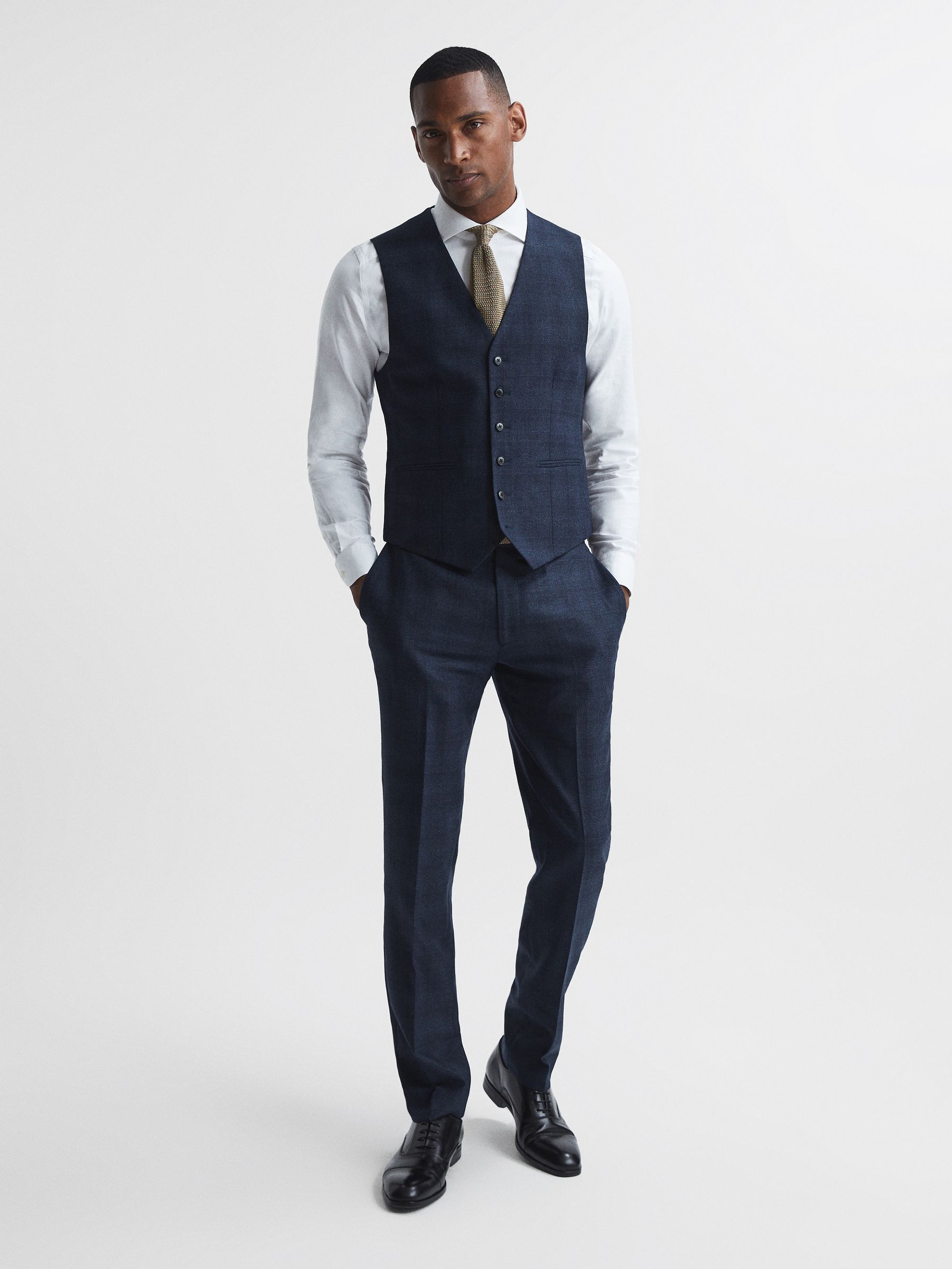 Ancroft Navy Prince Of Wales Check Slim Fit Waistcoat - Image 3 of 6