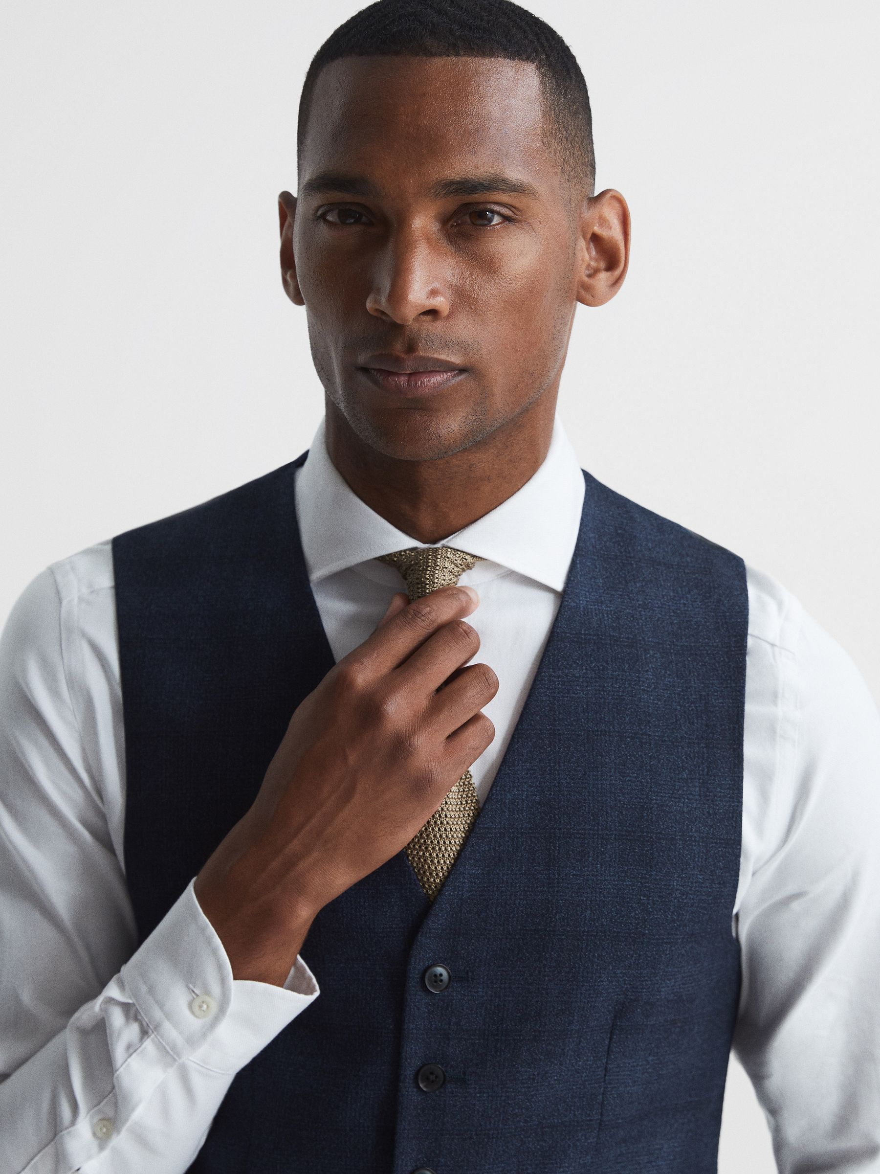 Ancroft Navy Prince Of Wales Check Slim Fit Waistcoat - Image 4 of 6