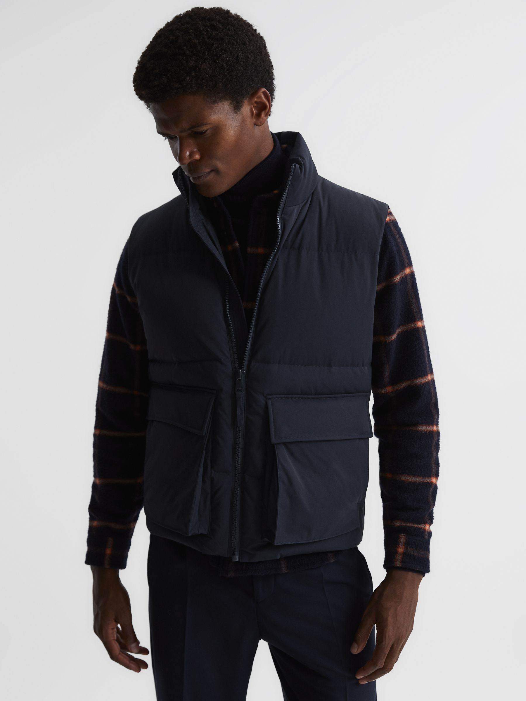 Funnel Neck Puffer Gilet in Navy - Image 1 of 7 Funnel Neck Puffer Gilet in Navy - Image 1 of 7