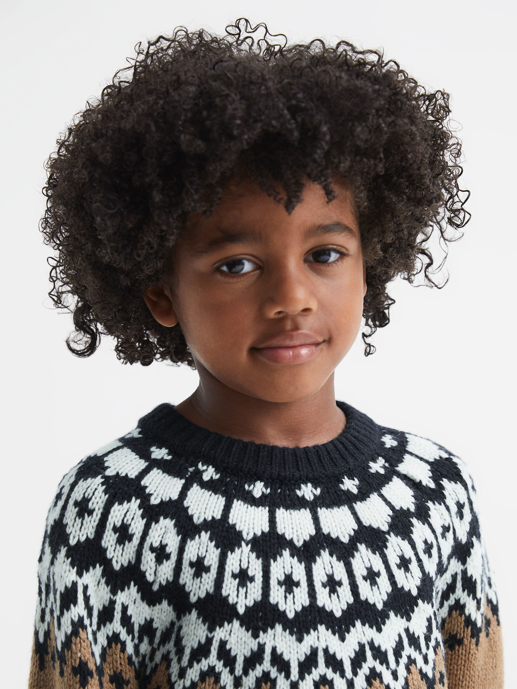 Senior Fairisle Pattern Crew Neck Wool Cashmere Jumper in Camel - Image 1 of 7