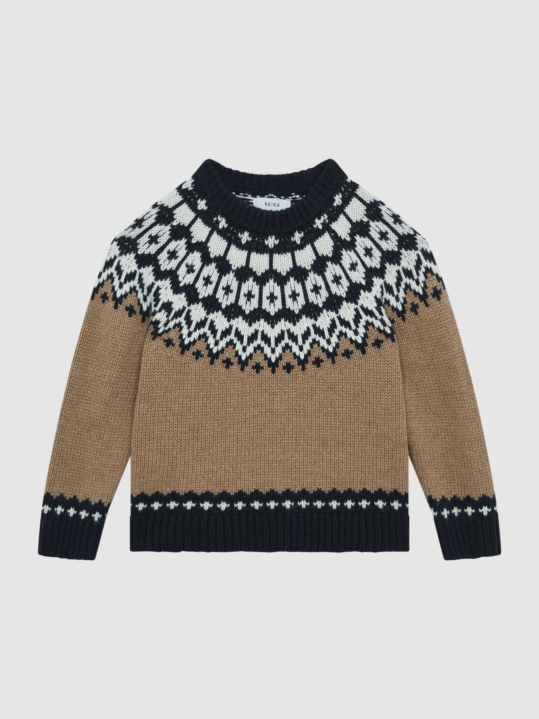 Senior Fairisle Pattern Crew Neck Wool Cashmere Jumper in Camel - Image 2 of 7