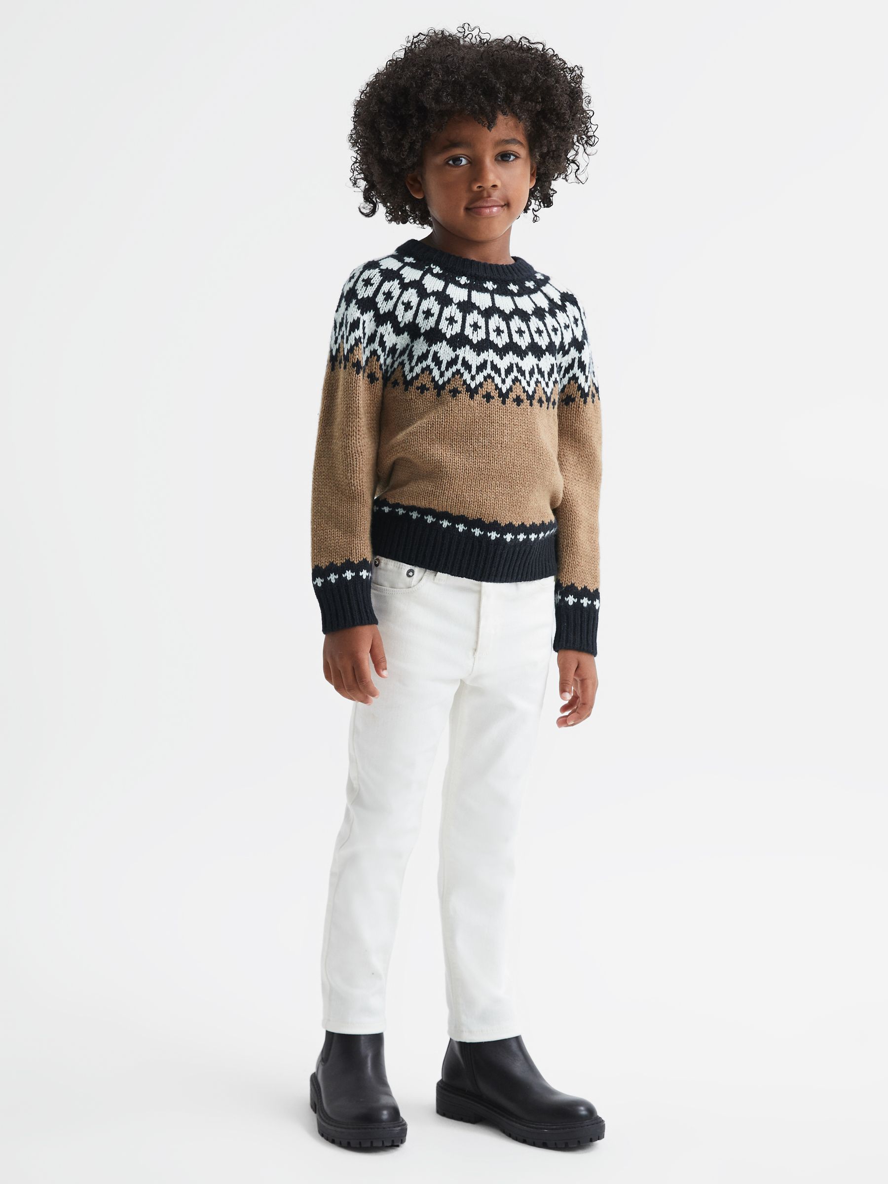 Senior Fairisle Pattern Crew Neck Wool Cashmere Jumper in Camel - Image 3 of 7