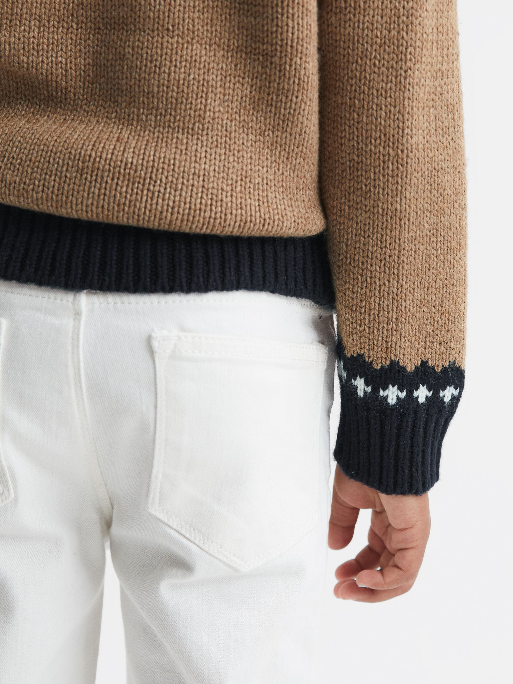 Senior Fairisle Pattern Crew Neck Wool Cashmere Jumper in Camel - Image 4 of 7