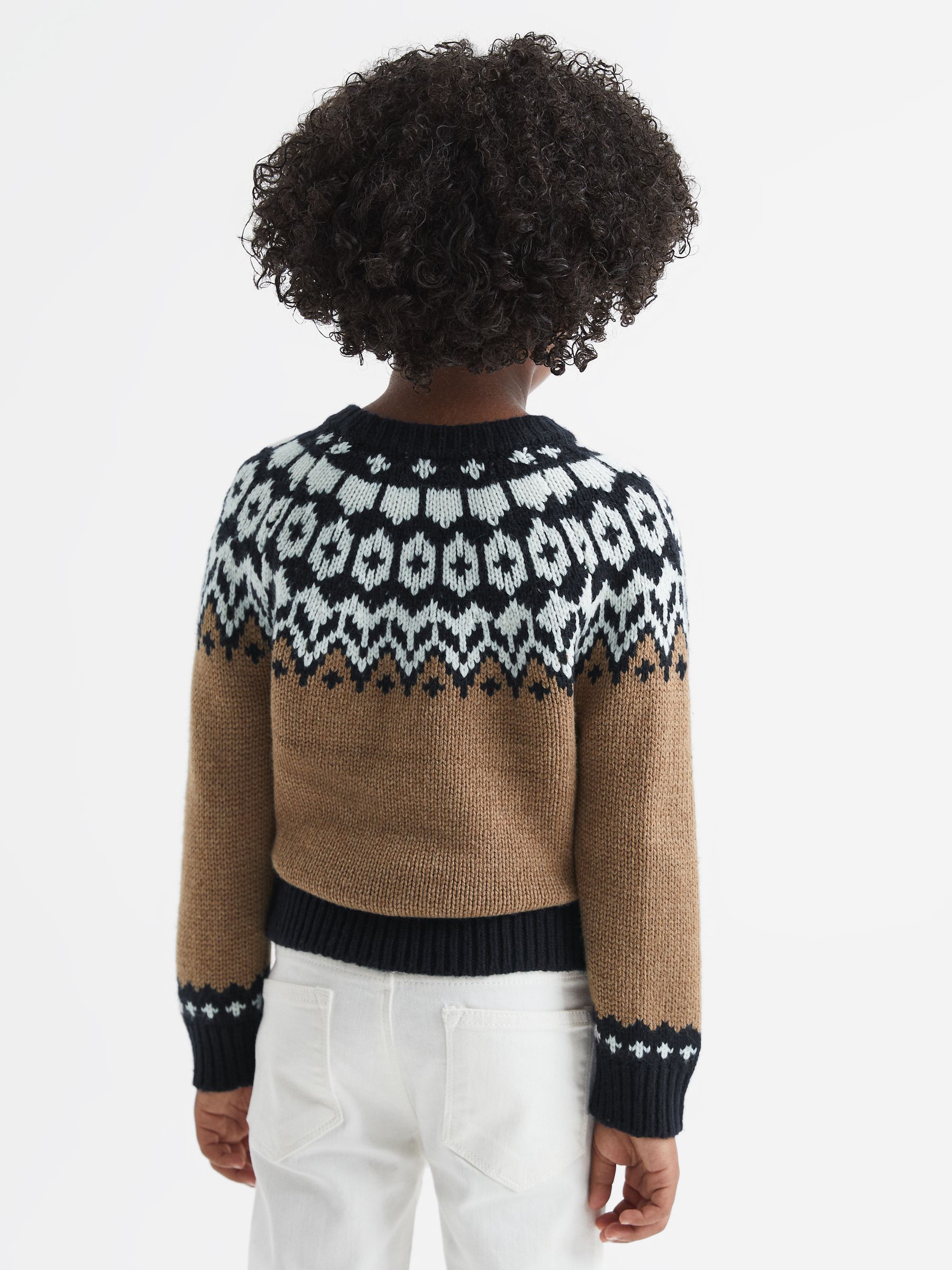 Senior Fairisle Pattern Crew Neck Wool Cashmere Jumper in Camel - Image 5 of 7