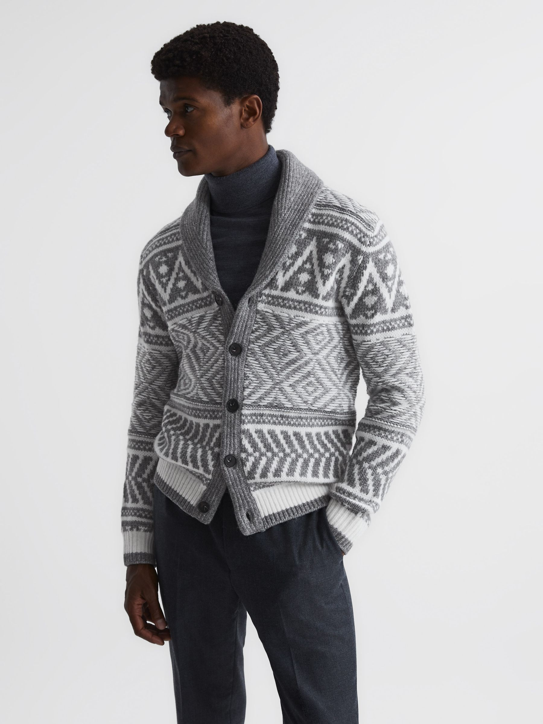 Shawl Collar Fairisle Pattern Cardigan in Grey Melange/Ecru - Image 1 of 5