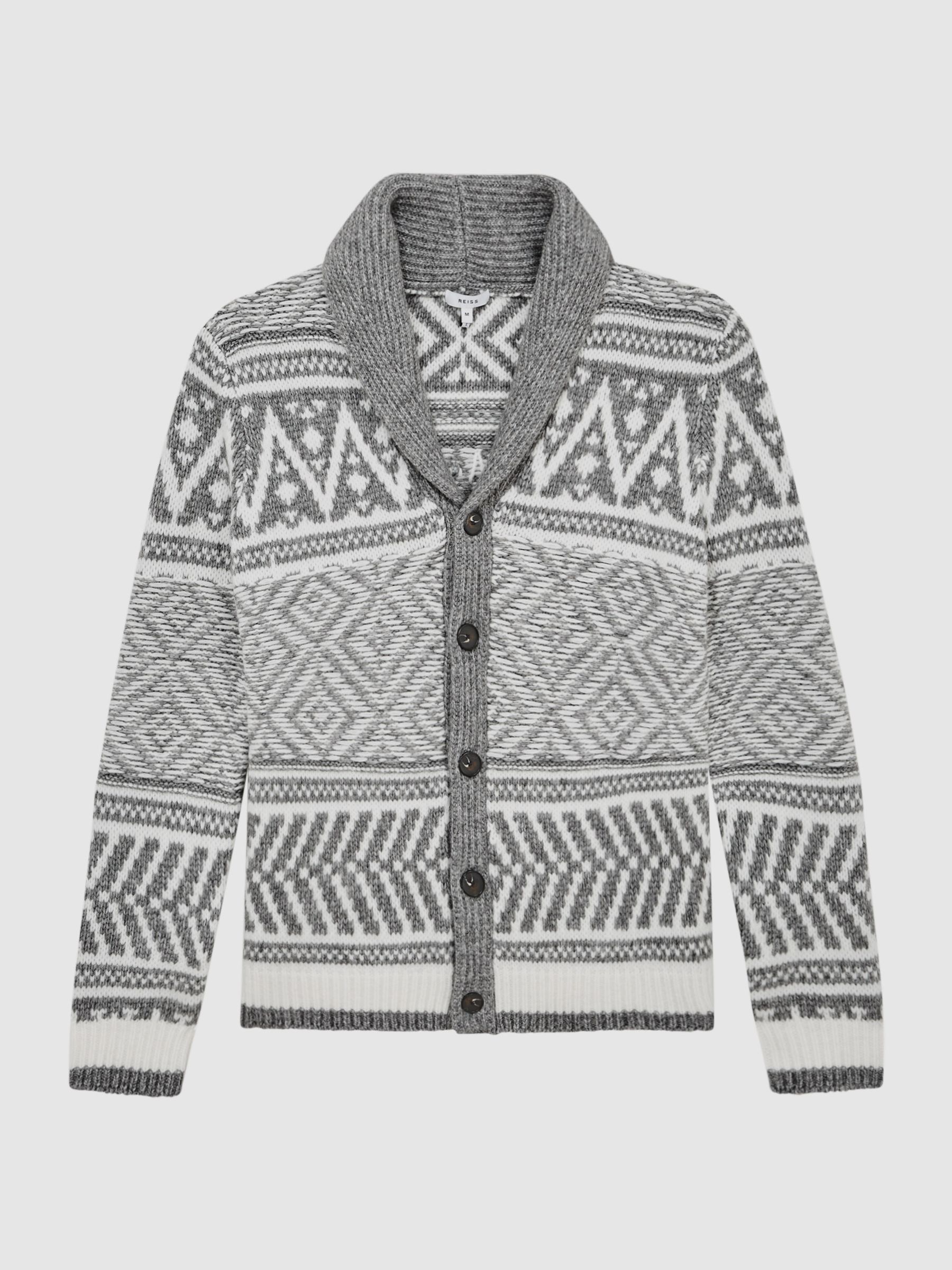 Shawl Collar Fairisle Pattern Cardigan in Grey Melange/Ecru - Image 2 of 5