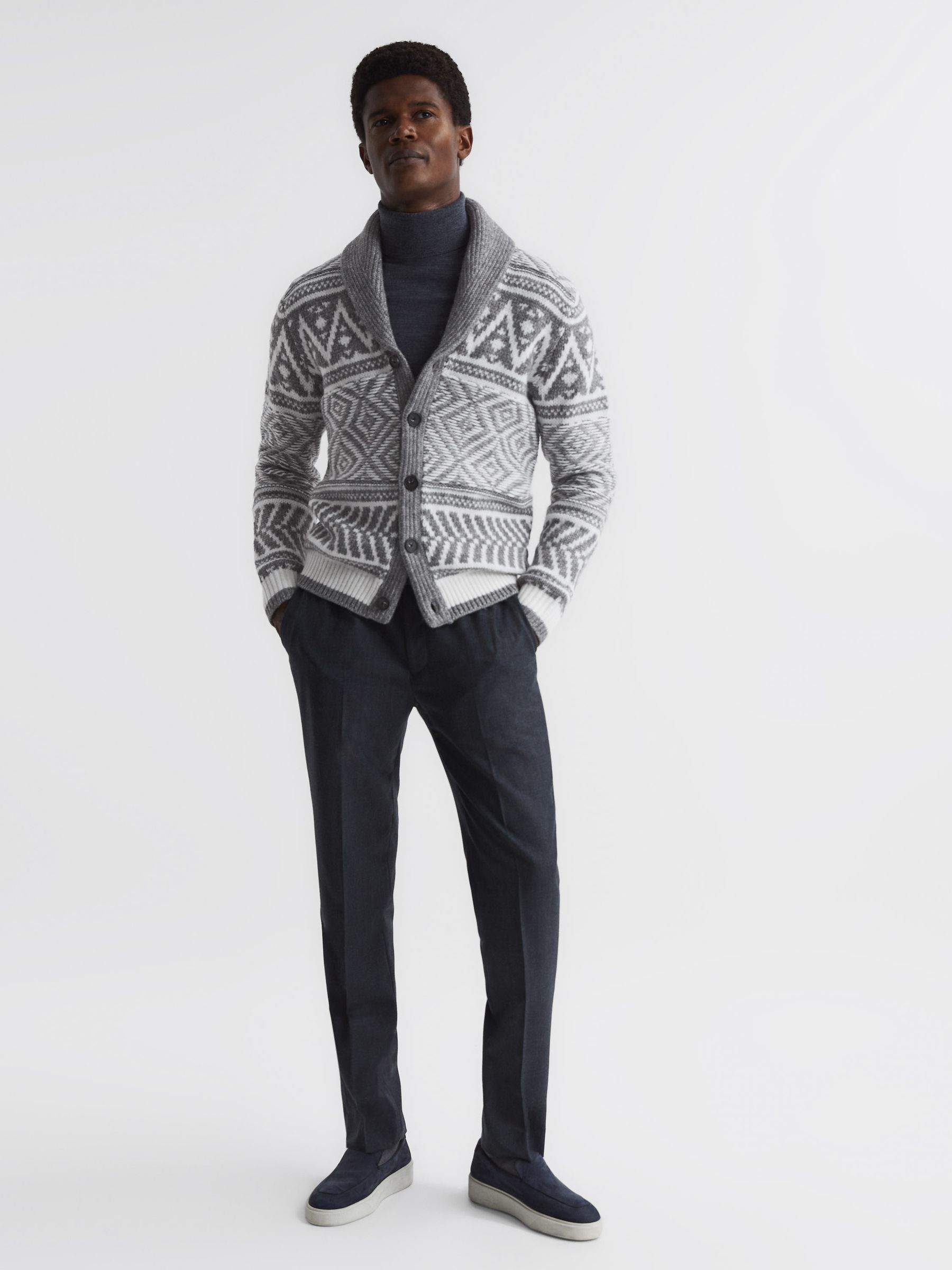 Shawl Collar Fairisle Pattern Cardigan in Grey Melange/Ecru - Image 3 of 5