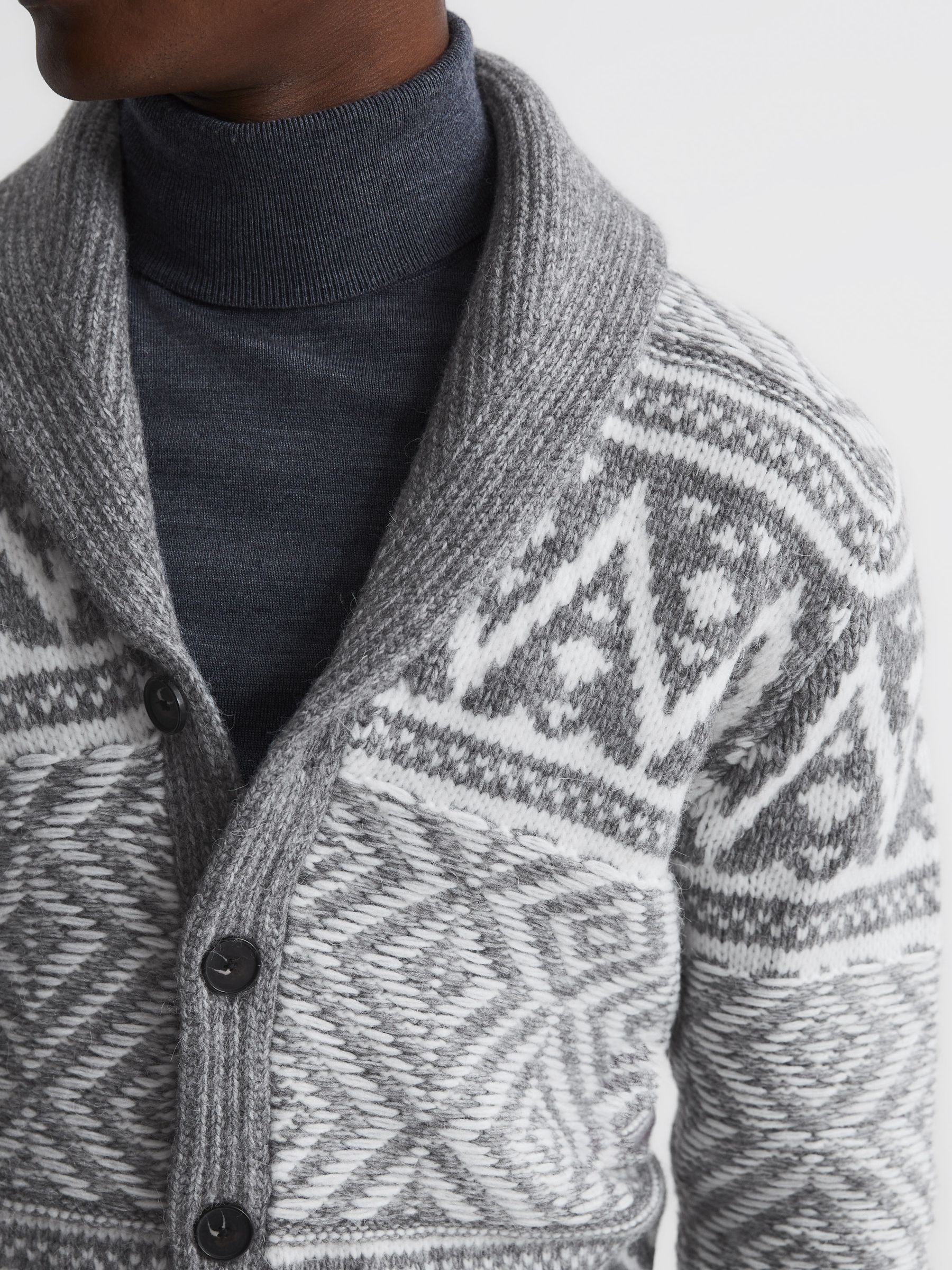 Shawl Collar Fairisle Pattern Cardigan in Grey Melange/Ecru - Image 4 of 5