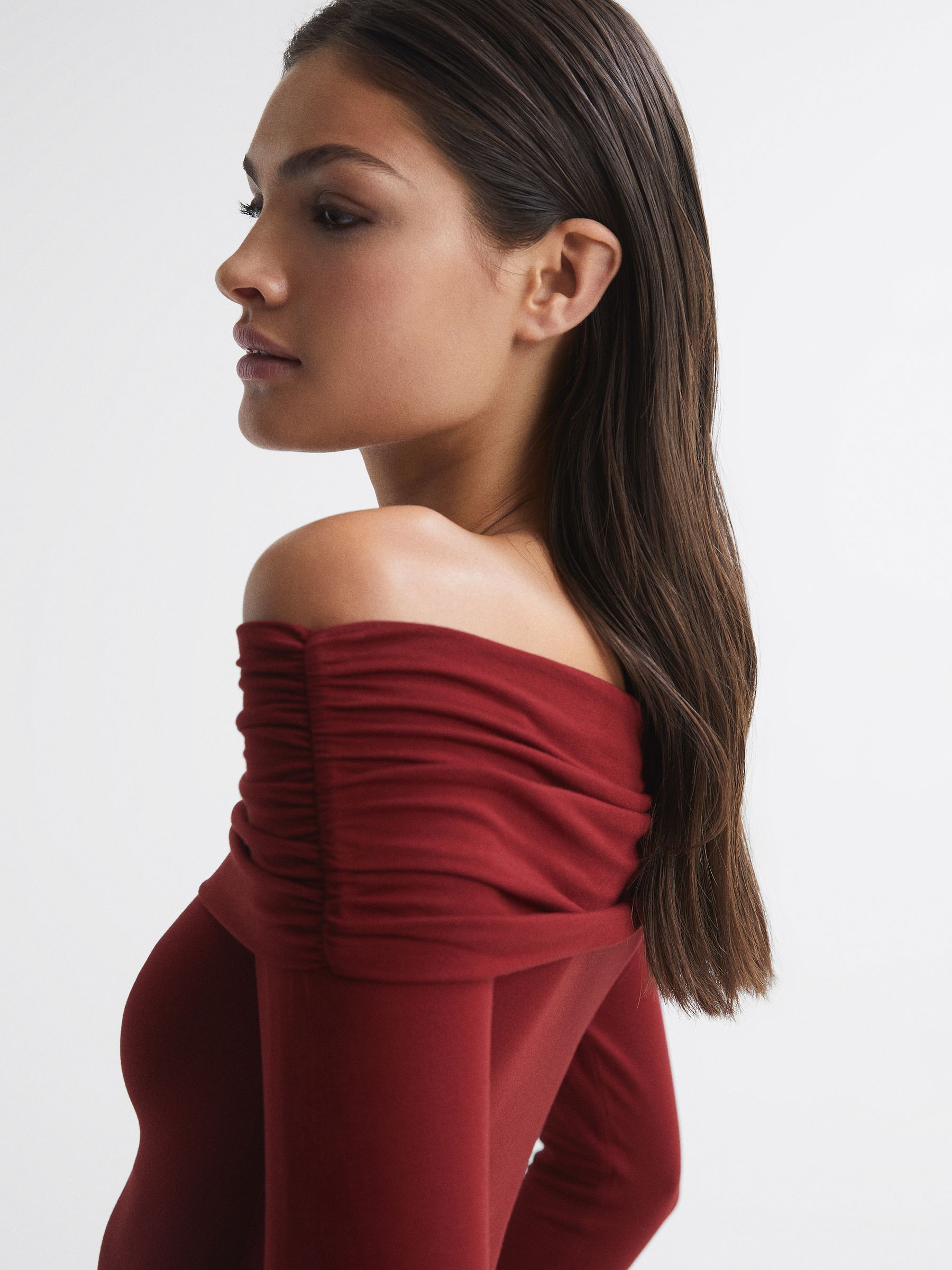 Reiss Off-Shoulder Long Sleeve Top in Red | REISS