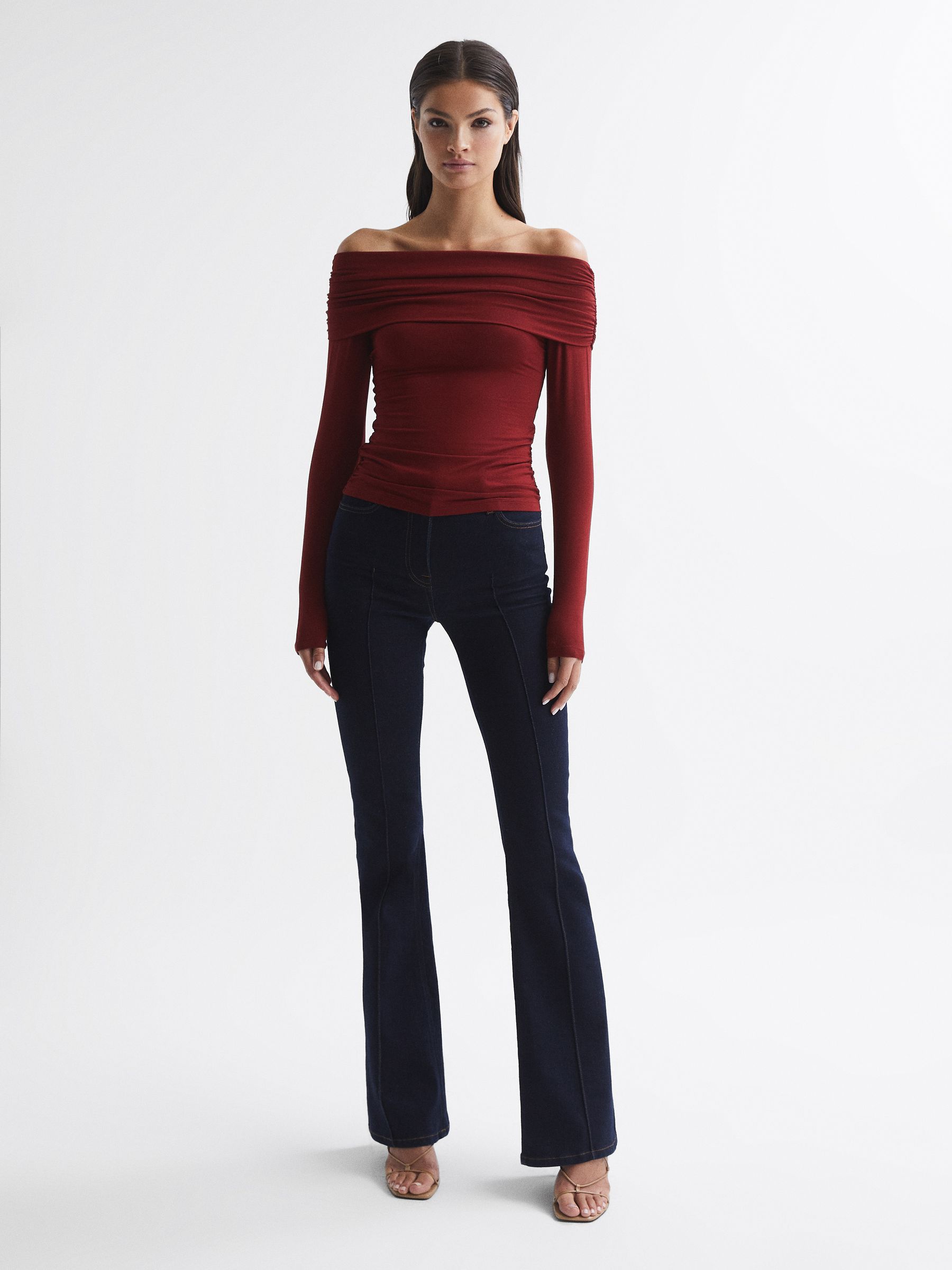 Off-Shoulder Long Sleeve Top in Red - Image 4 of 5