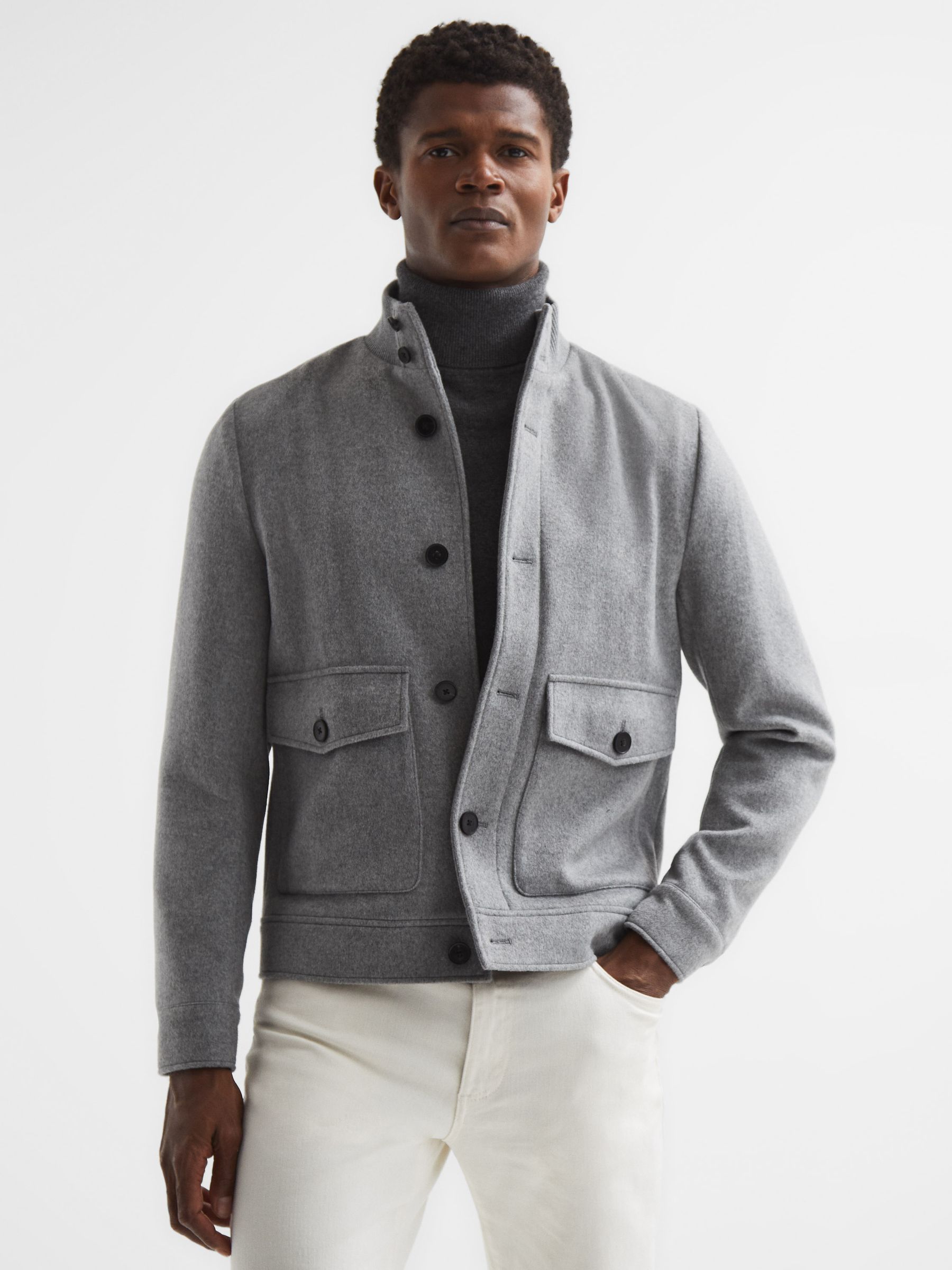Wool Button-Through Jacket in Soft Grey - Image 1 of 7