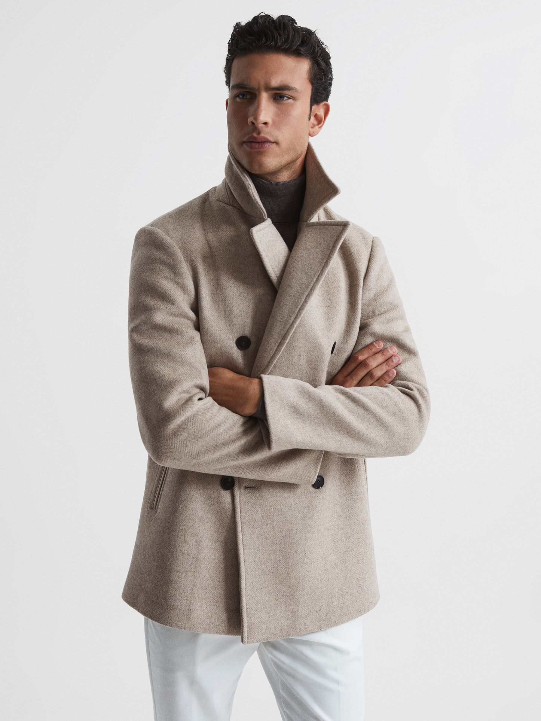 Wool Blend Herringbone Peacoat in Oatmeal - Image 1 of 8
