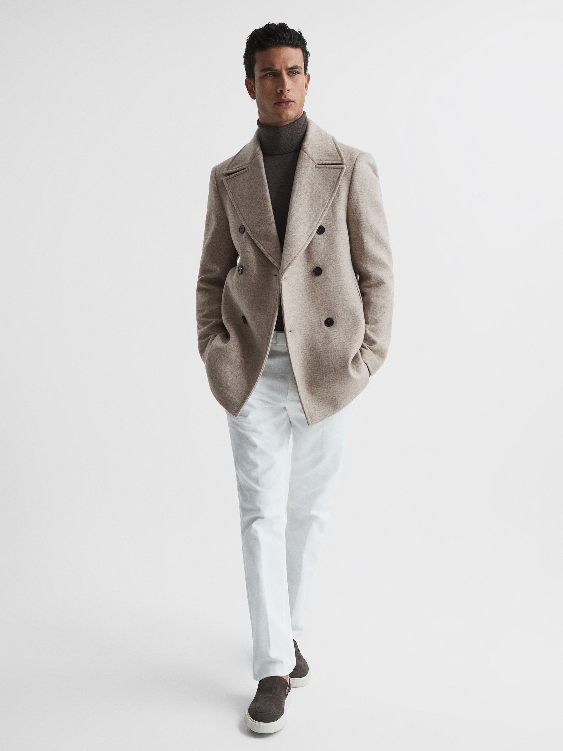 Wool Blend Herringbone Peacoat in Oatmeal - Image 3 of 8