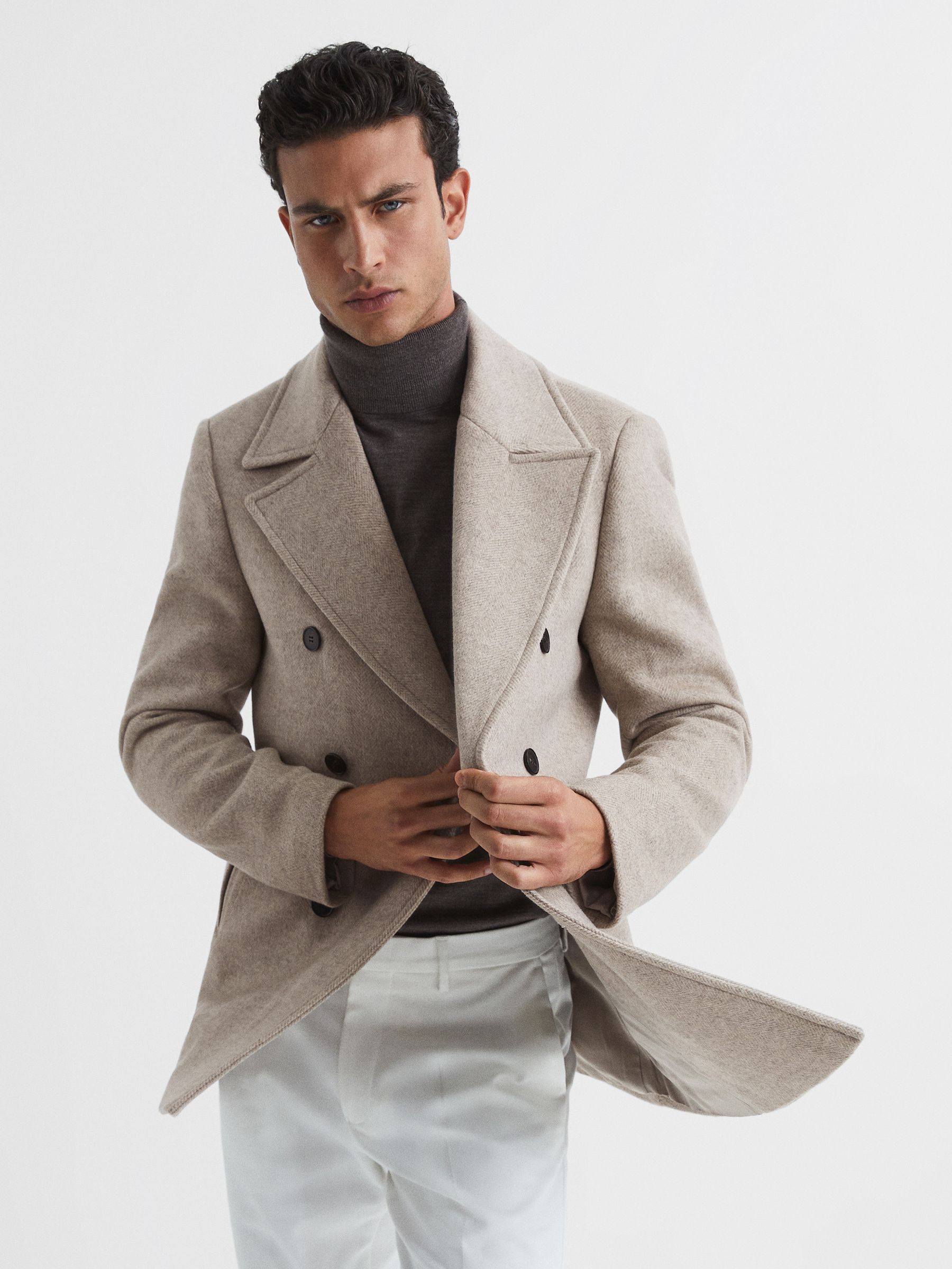 Wool Blend Herringbone Peacoat in Oatmeal - Image 7 of 8