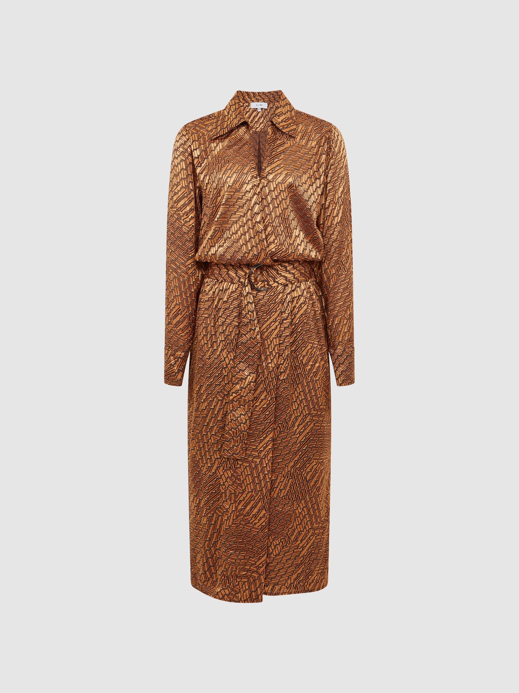 Devoure Print Belted Midi Dress in Bronze - Image 2 of 7