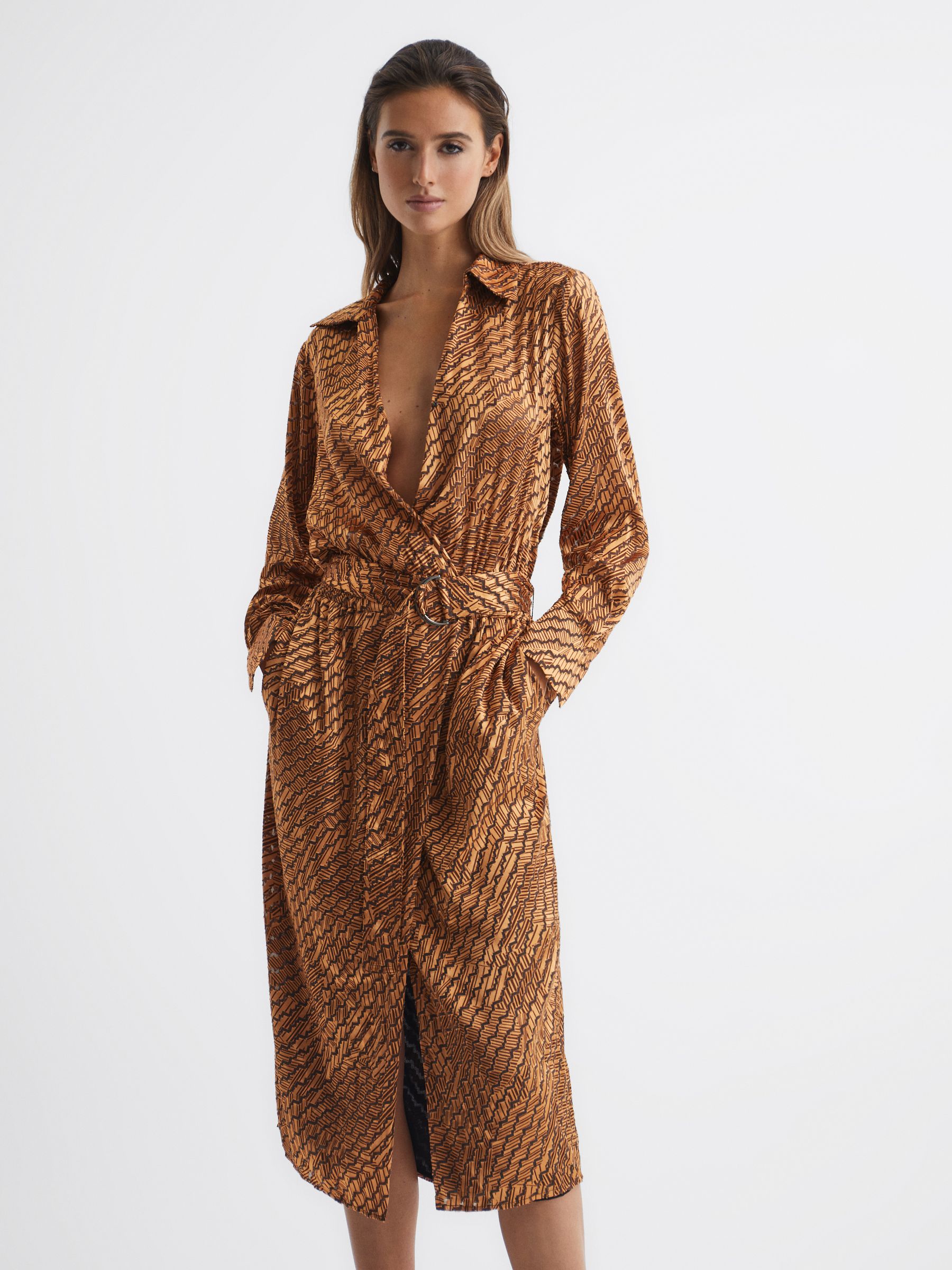 Devoure Print Belted Midi Dress in Bronze - Image 3 of 7