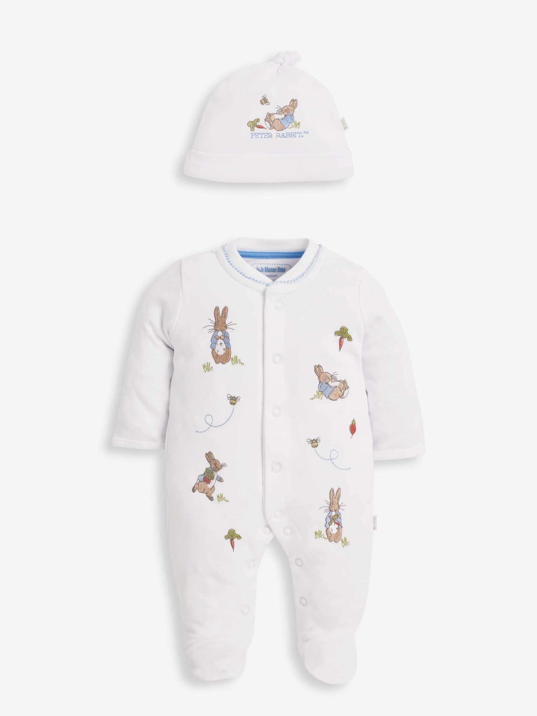 White Peter Rabbit Cotton Embroidered Baby Sleepsuit & Hat Set - Image 1 of 6