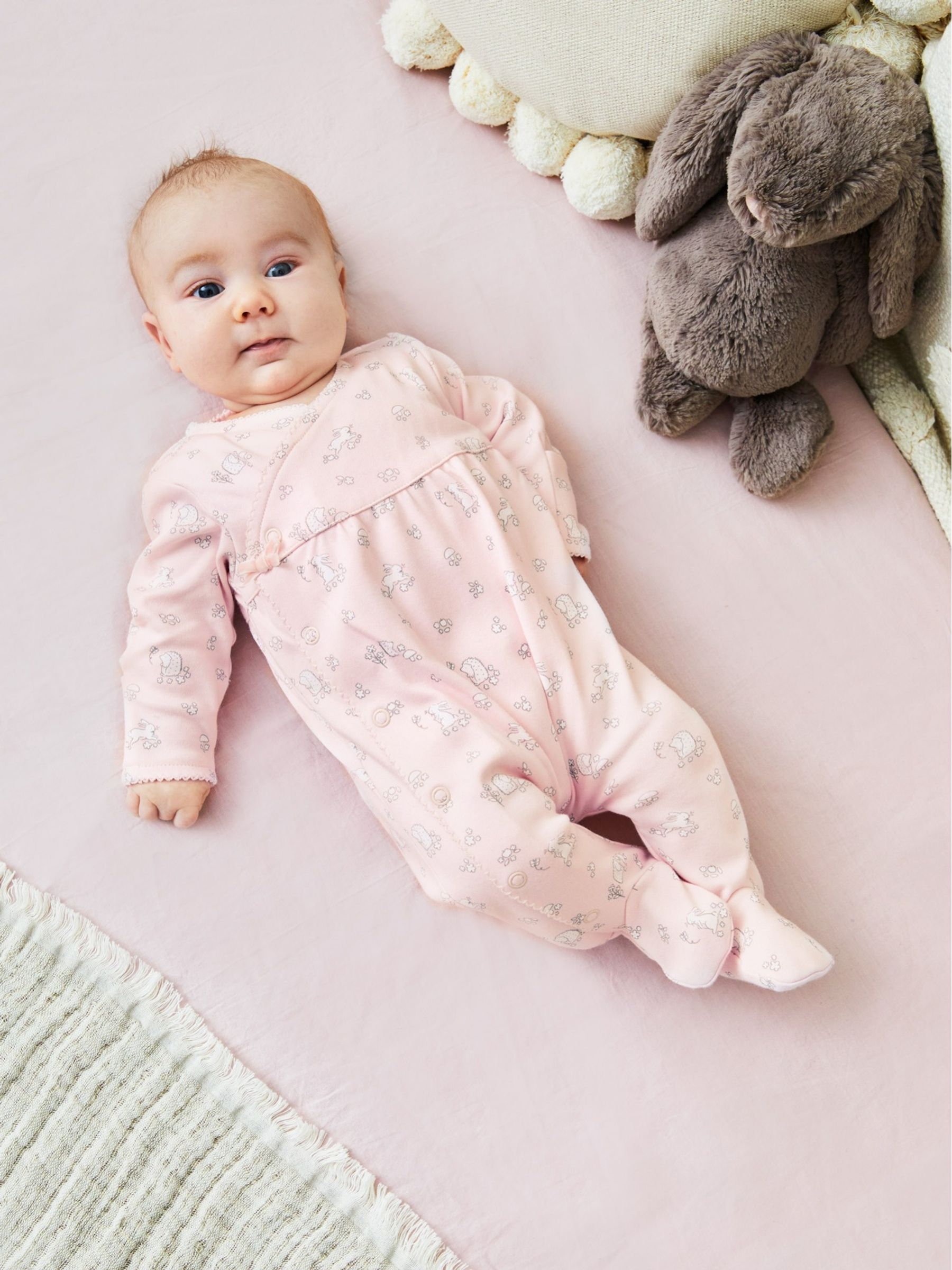 Pink Bunny Pretty Cotton Baby Sleepsuit - Image 1 of 4