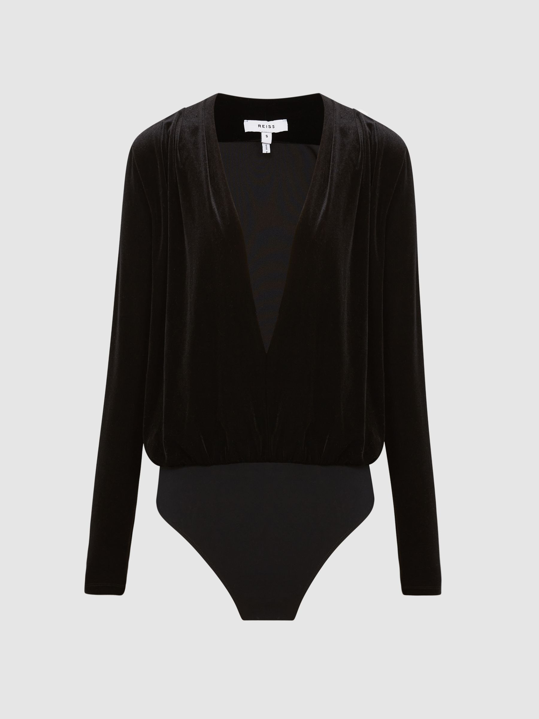 Velvet Long Sleeve Plunge Bodysuit in Black - Image 2 of 8