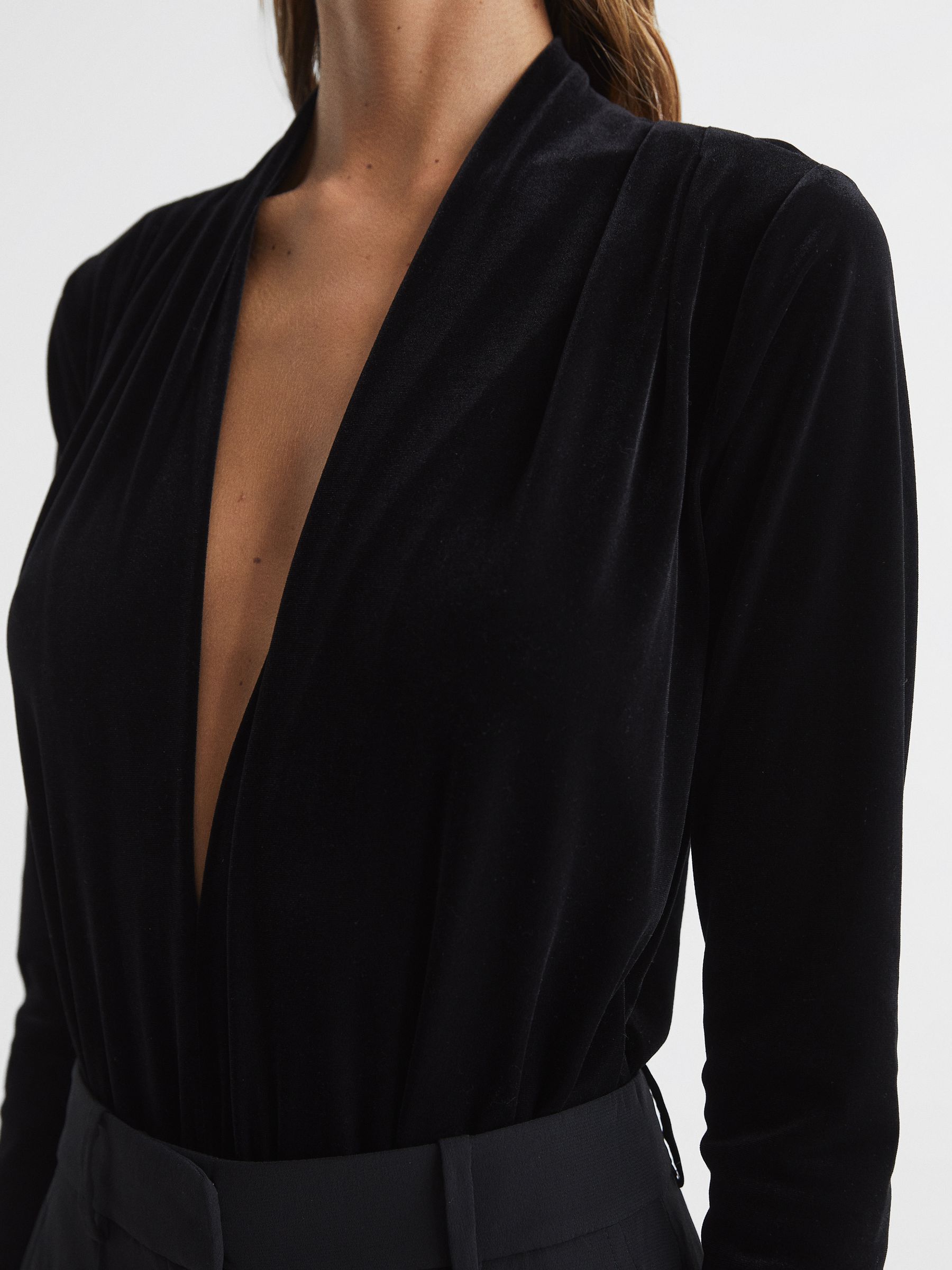 Velvet Long Sleeve Plunge Bodysuit in Black - Image 8 of 8