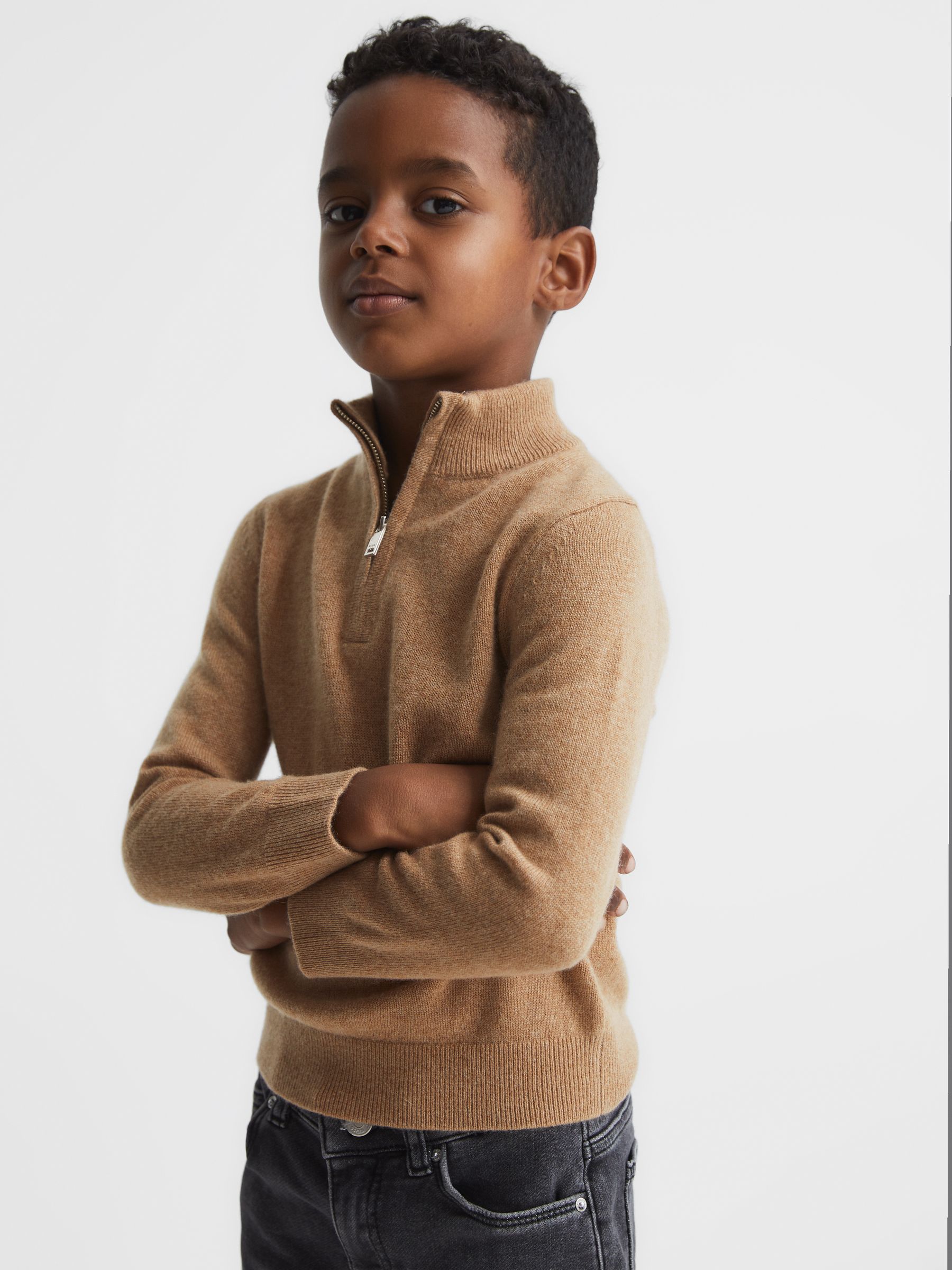 Junior Cashmere Slim Fit Half Zip Jumper in Camel - Image 1 of 8