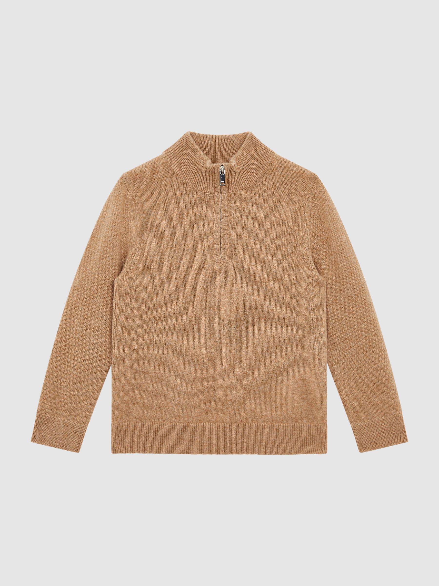 Junior Cashmere Slim Fit Half Zip Jumper in Camel - Image 2 of 8