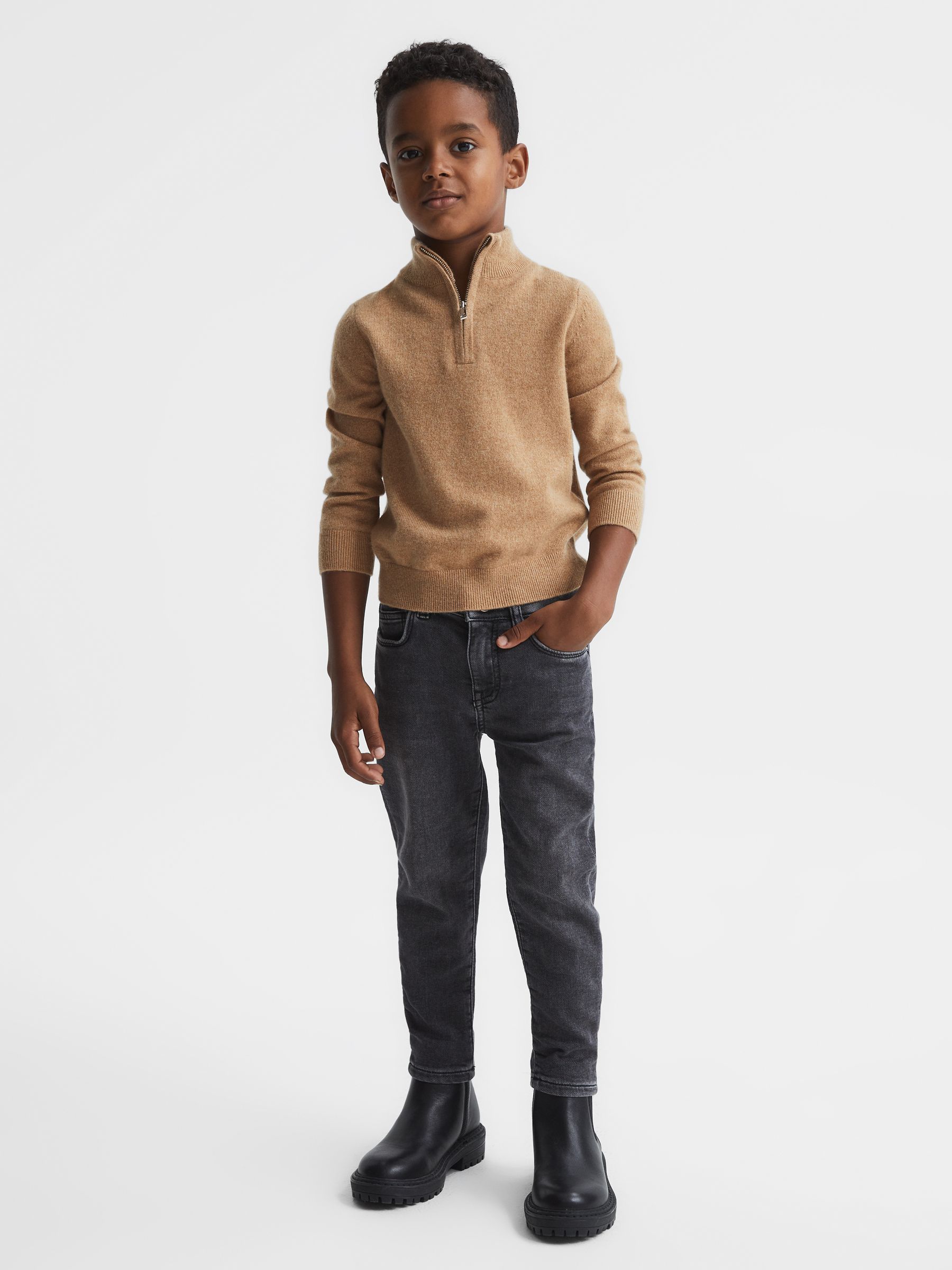 Junior Cashmere Slim Fit Half Zip Jumper in Camel - Image 3 of 8