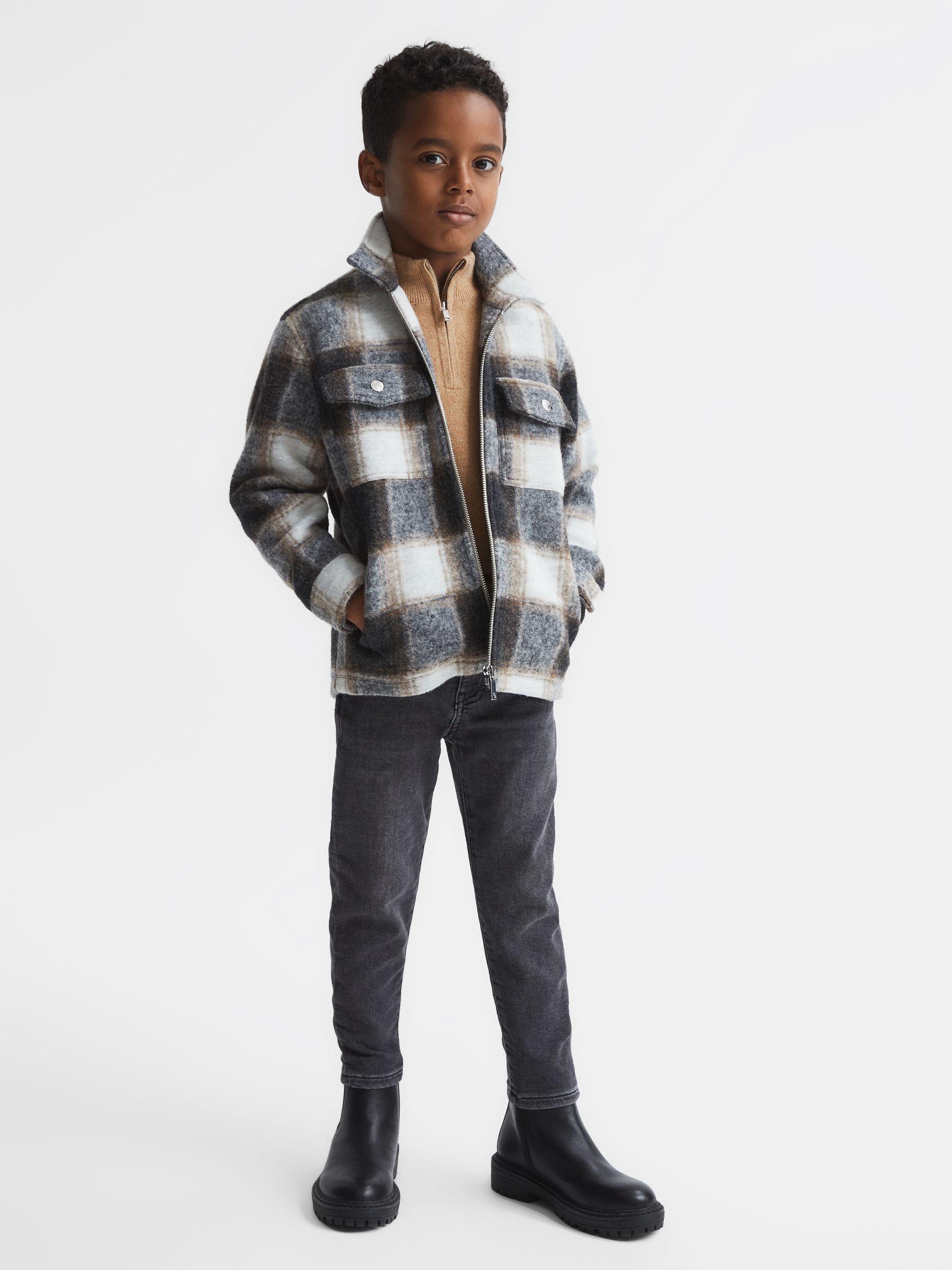 Junior Cashmere Slim Fit Half Zip Jumper in Camel - Image 6 of 8