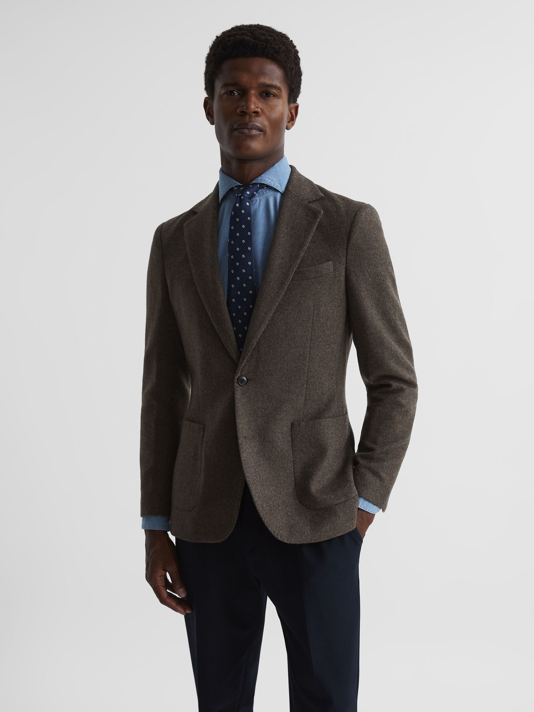 Single Breasted Slim Fit Flannel Blazer in Mouse Melange - Image 1 of 8