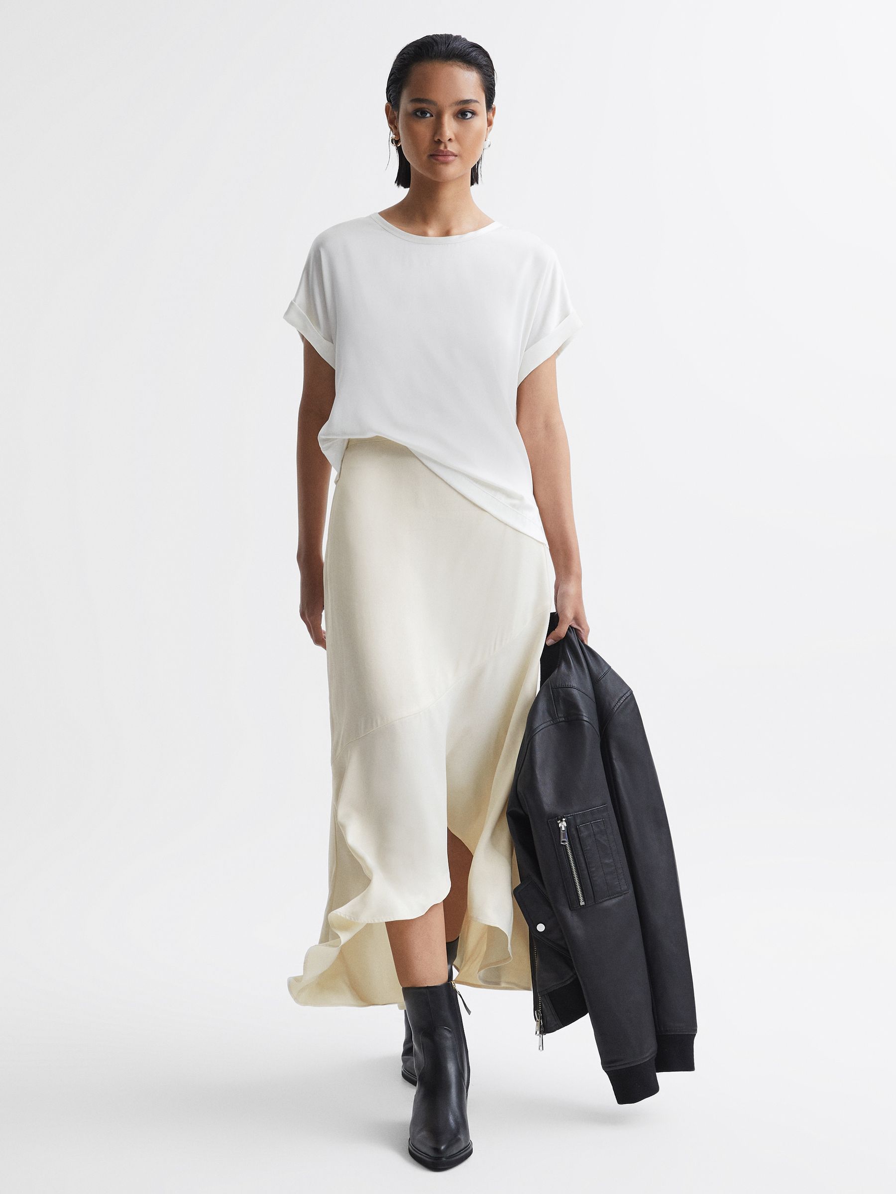 Satin High Rise Midi Skirt in Ivory - Image 3 of 7