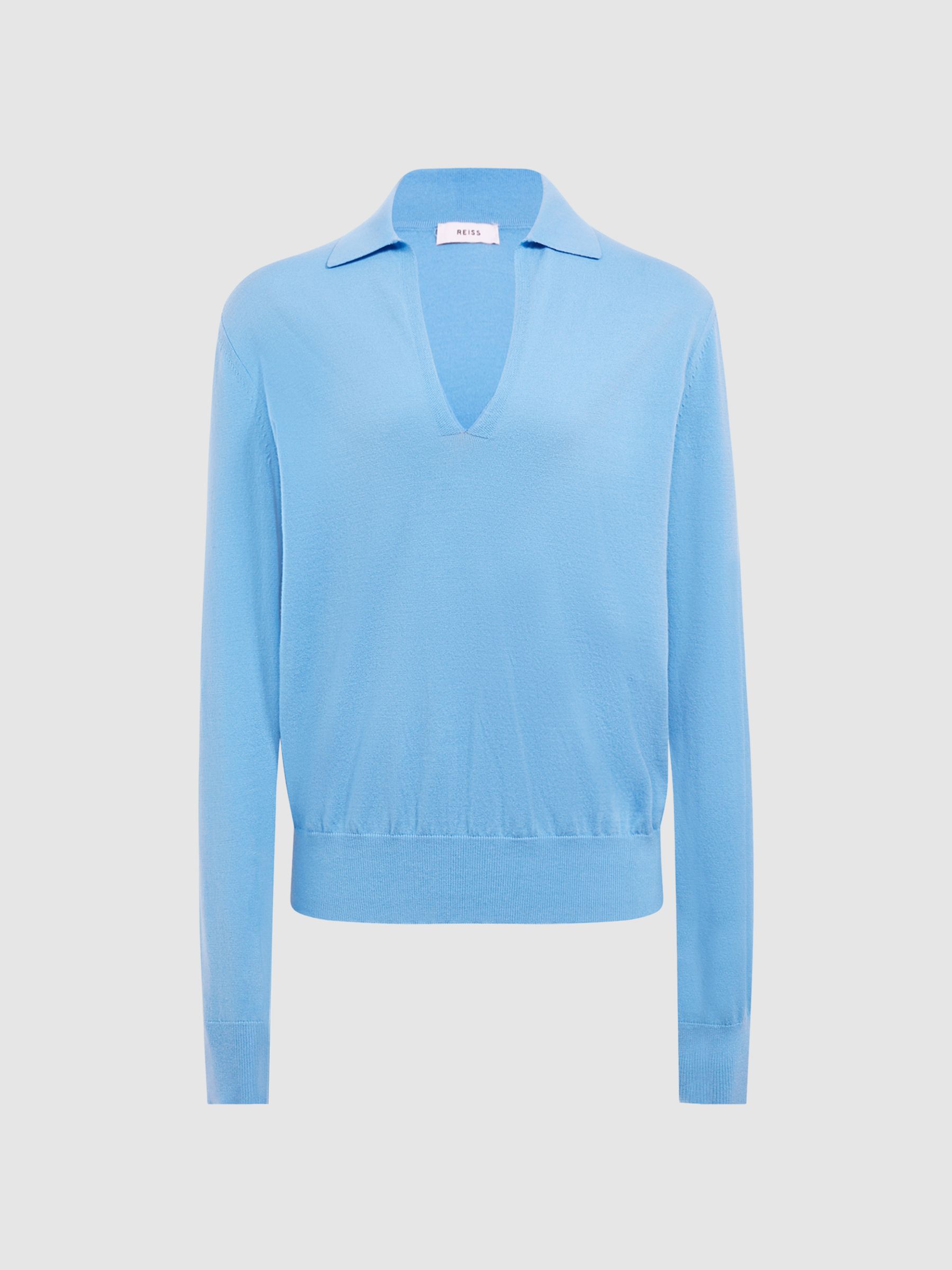 Knitted Collared V-Neck Top in Blue - Image 2 of 6