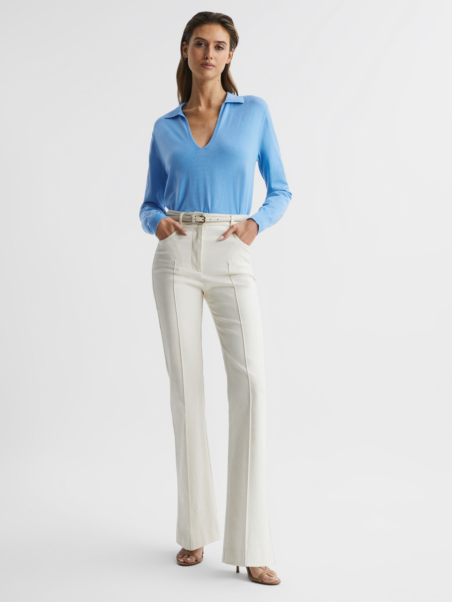 Knitted Collared V-Neck Top in Blue - Image 3 of 6