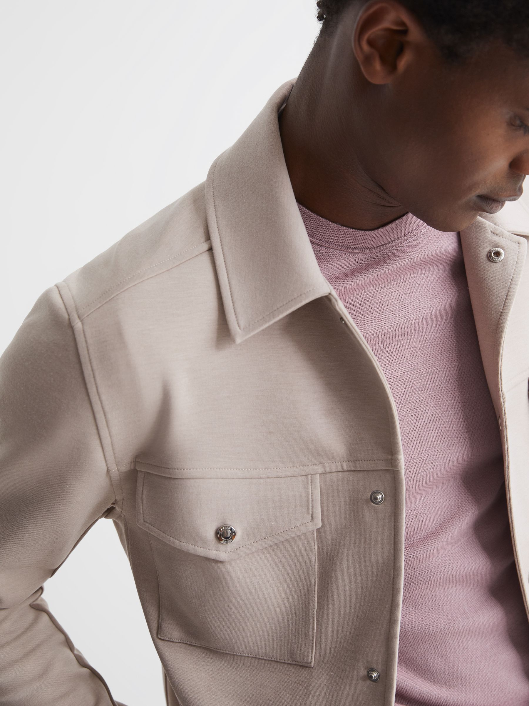 Jersey Interlock Overshirt in Oatmeal - Image 4 of 5