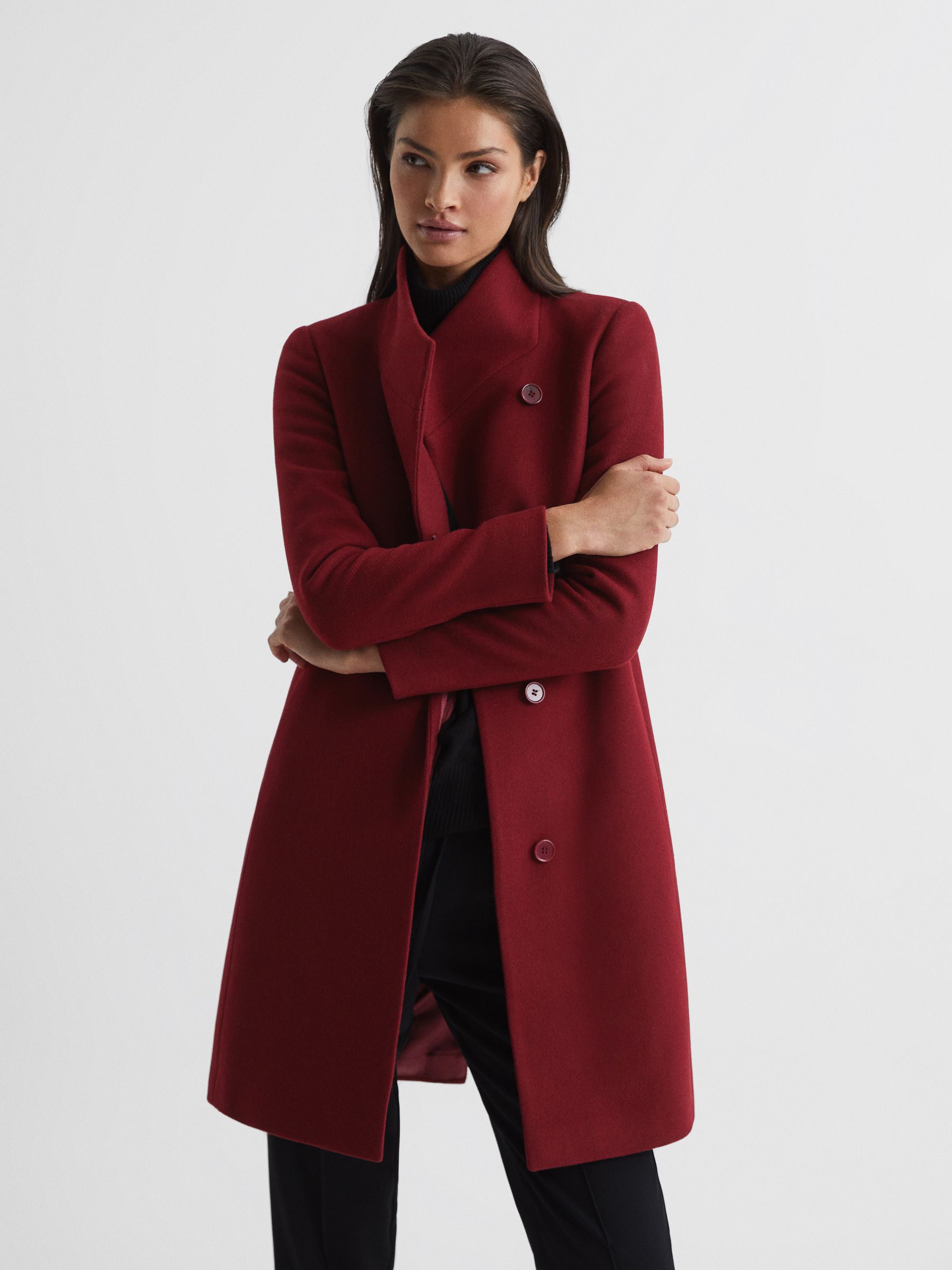 Wool Blend Mid-Length Coat in Red - Image 1 of 6 Wool Blend Mid-Length Coat in Red - Image 1 of 6