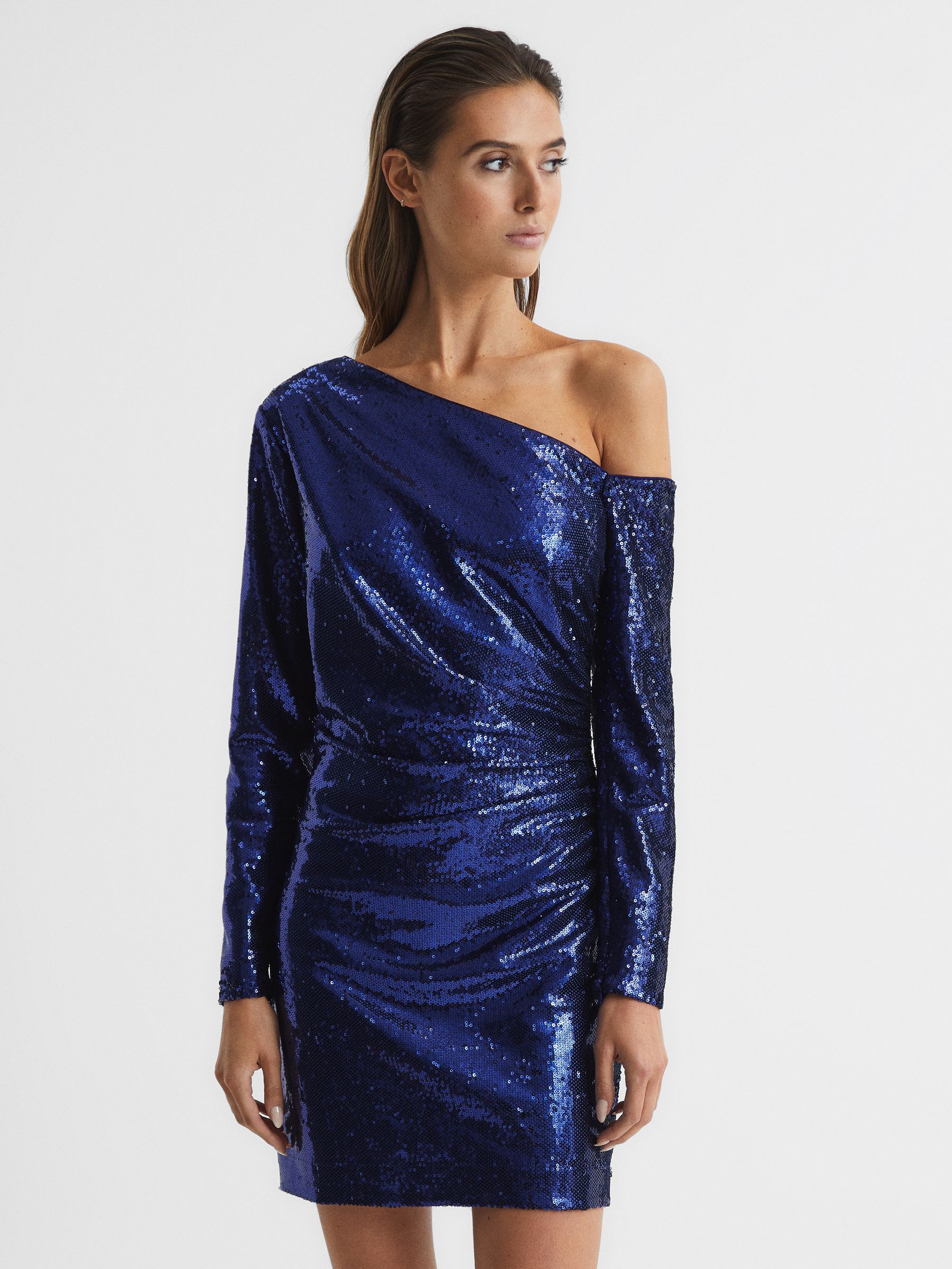 reiss blue sequin dress Reiss Midnight Blue Sequin One-Shoulder Dress