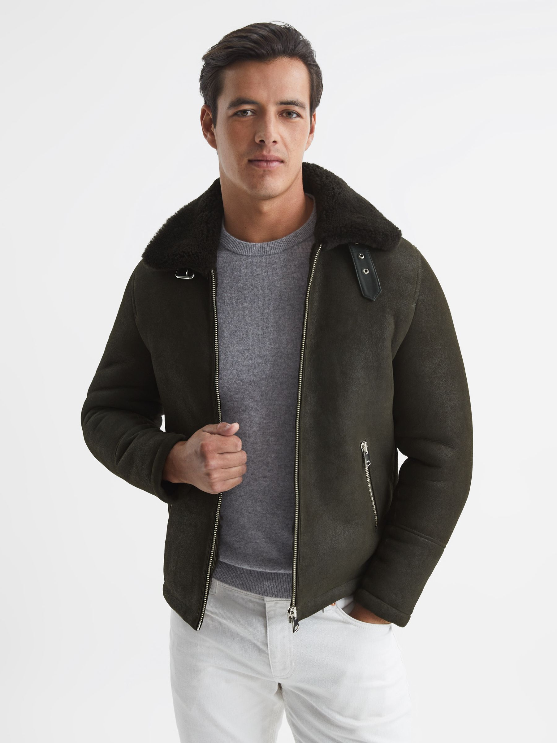 Suede Western Shearling Jacket in Forest Green - Image 1 of 6