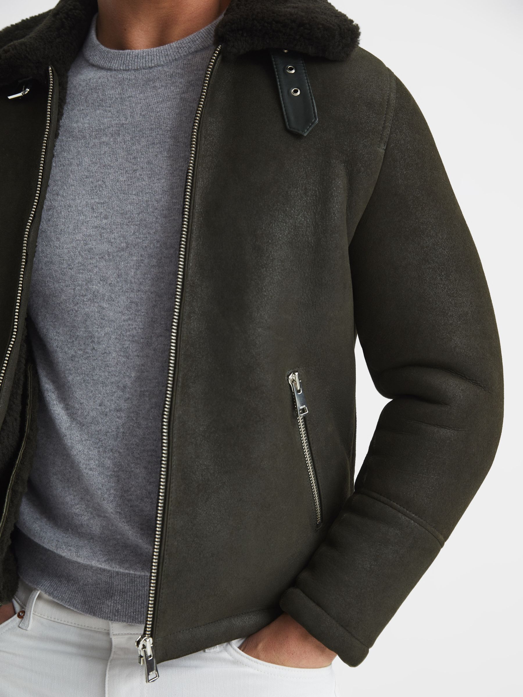 Suede Western Shearling Jacket in Forest Green - Image 4 of 6