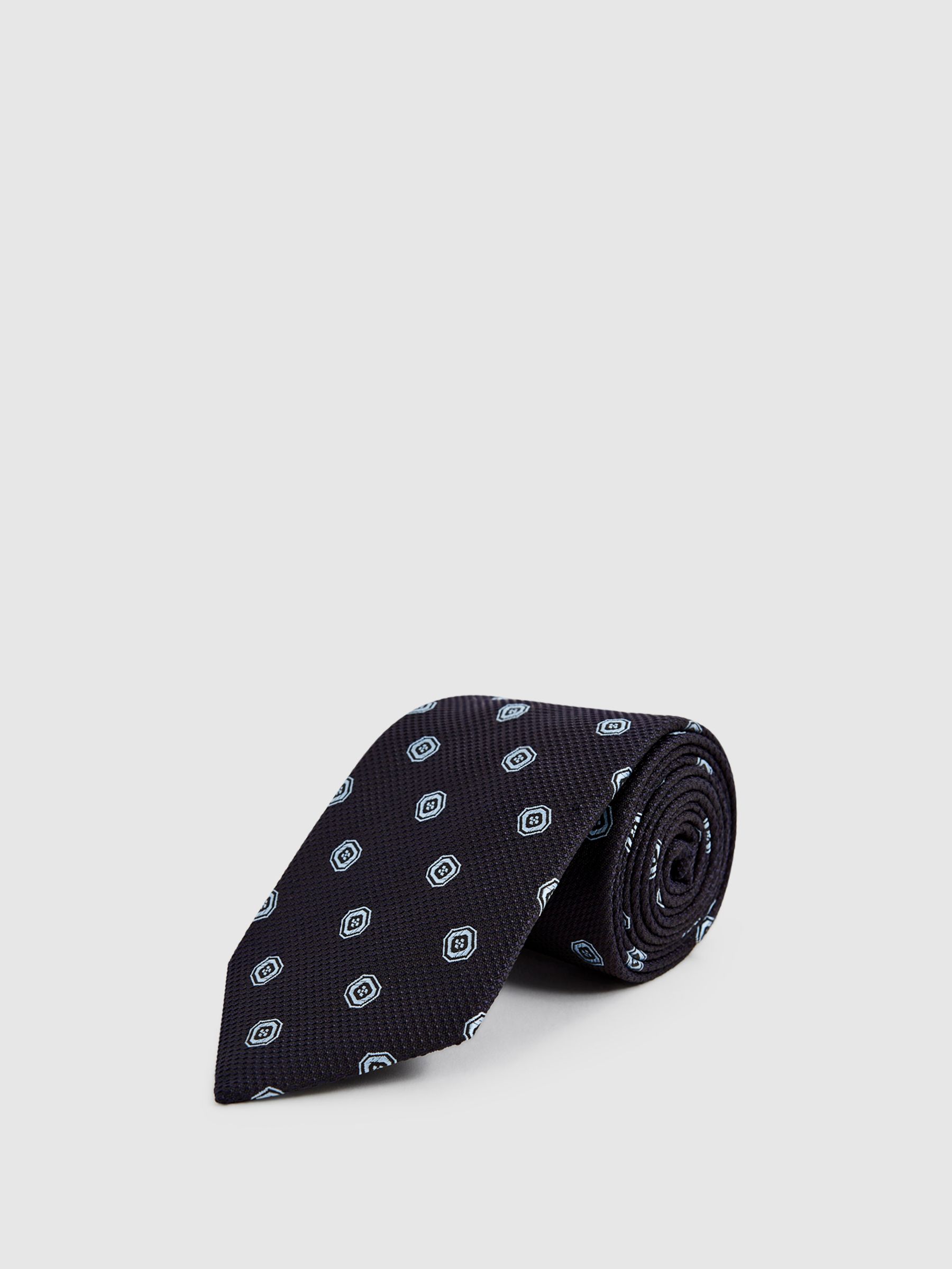 Medallion Jacquard Print Silk Tie in Navy - Image 1 of 6 Medallion Jacquard Print Silk Tie in Navy - Image 1 of 6