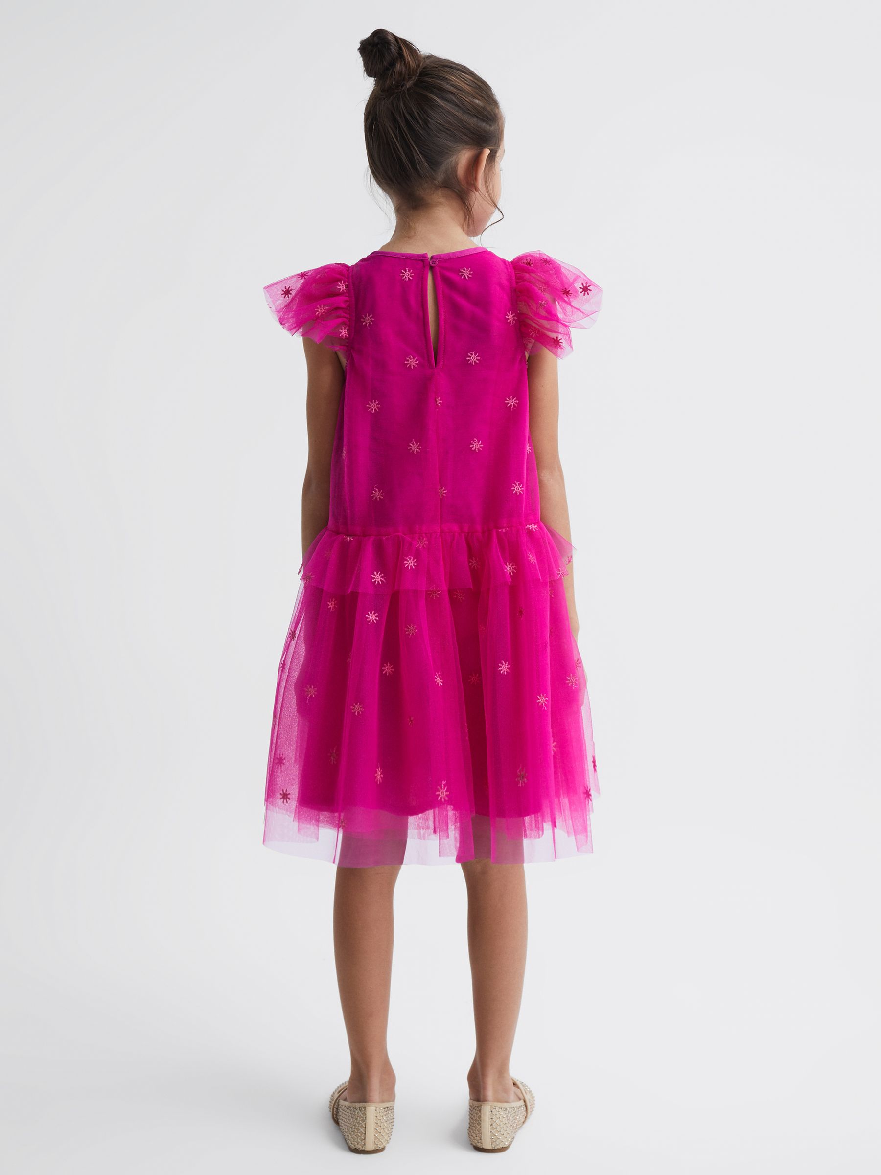 Reiss Junior Tulle Embroidered Dress in Bright Pink | REISS