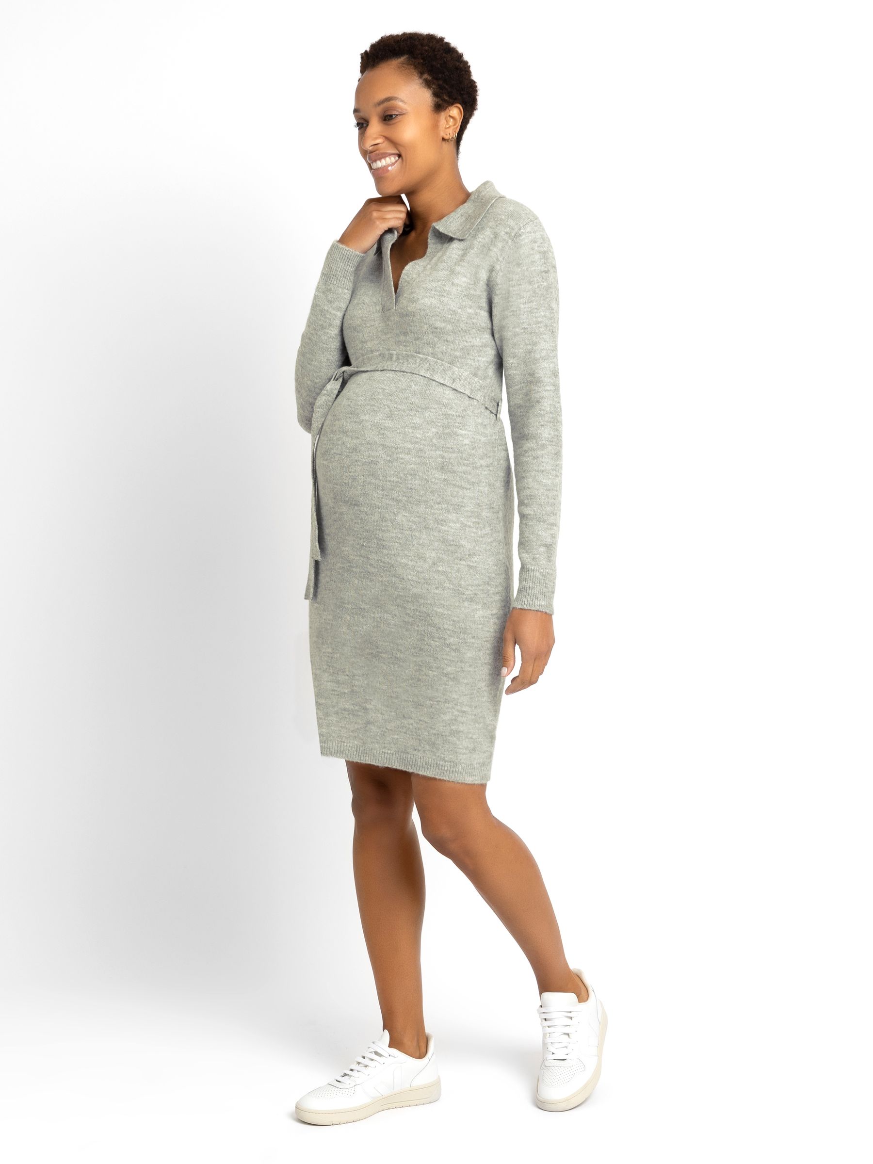 Collared Knitted Maternity Dress in Marl Grey - Image 1 of 4