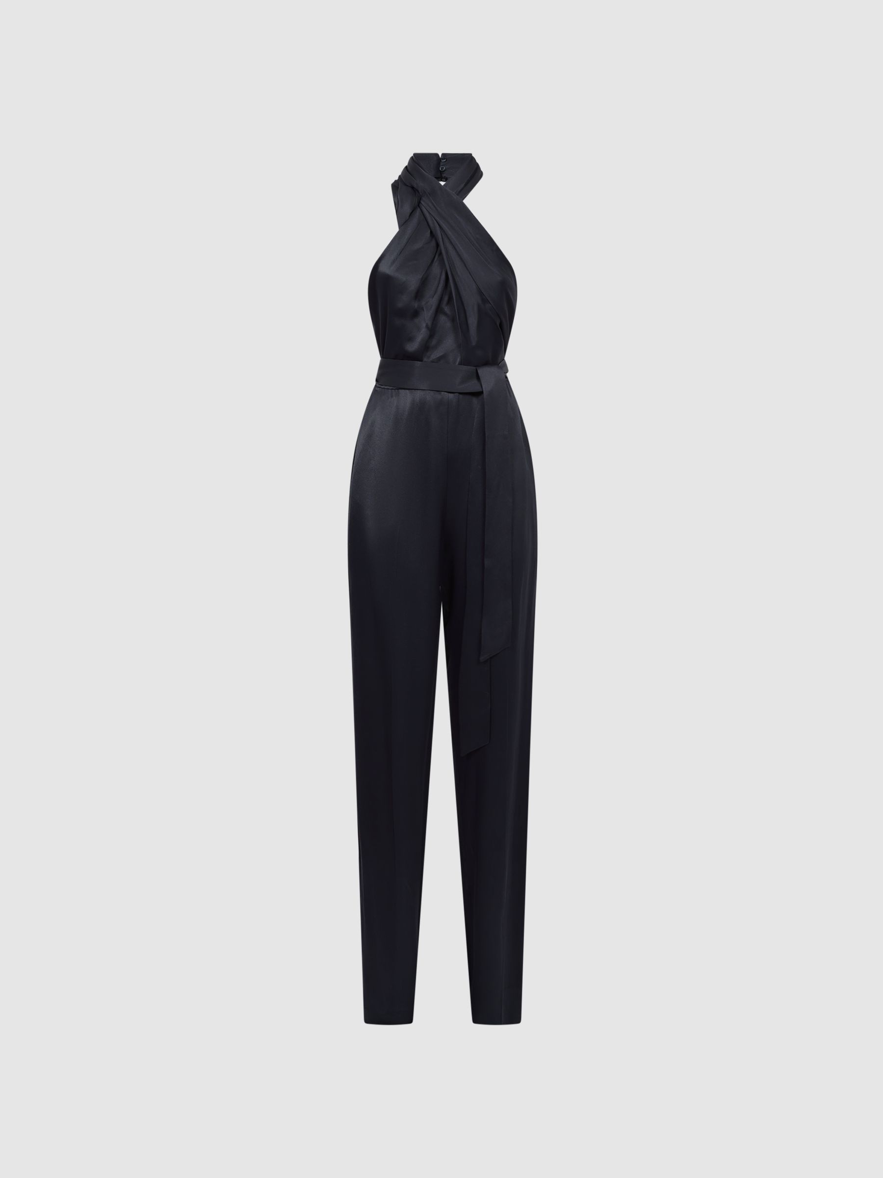 Satin Halter Neck Fitted Jumpsuit in Midnight Navy - Image 2 of 5