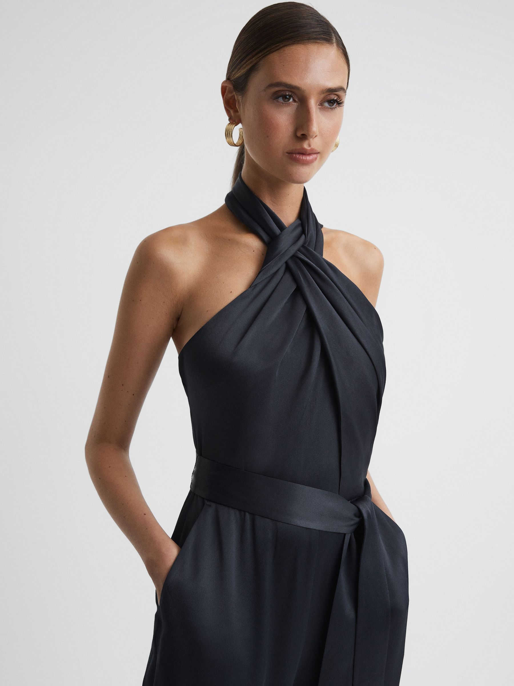 Satin Halter Neck Fitted Jumpsuit in Midnight Navy - Image 4 of 5