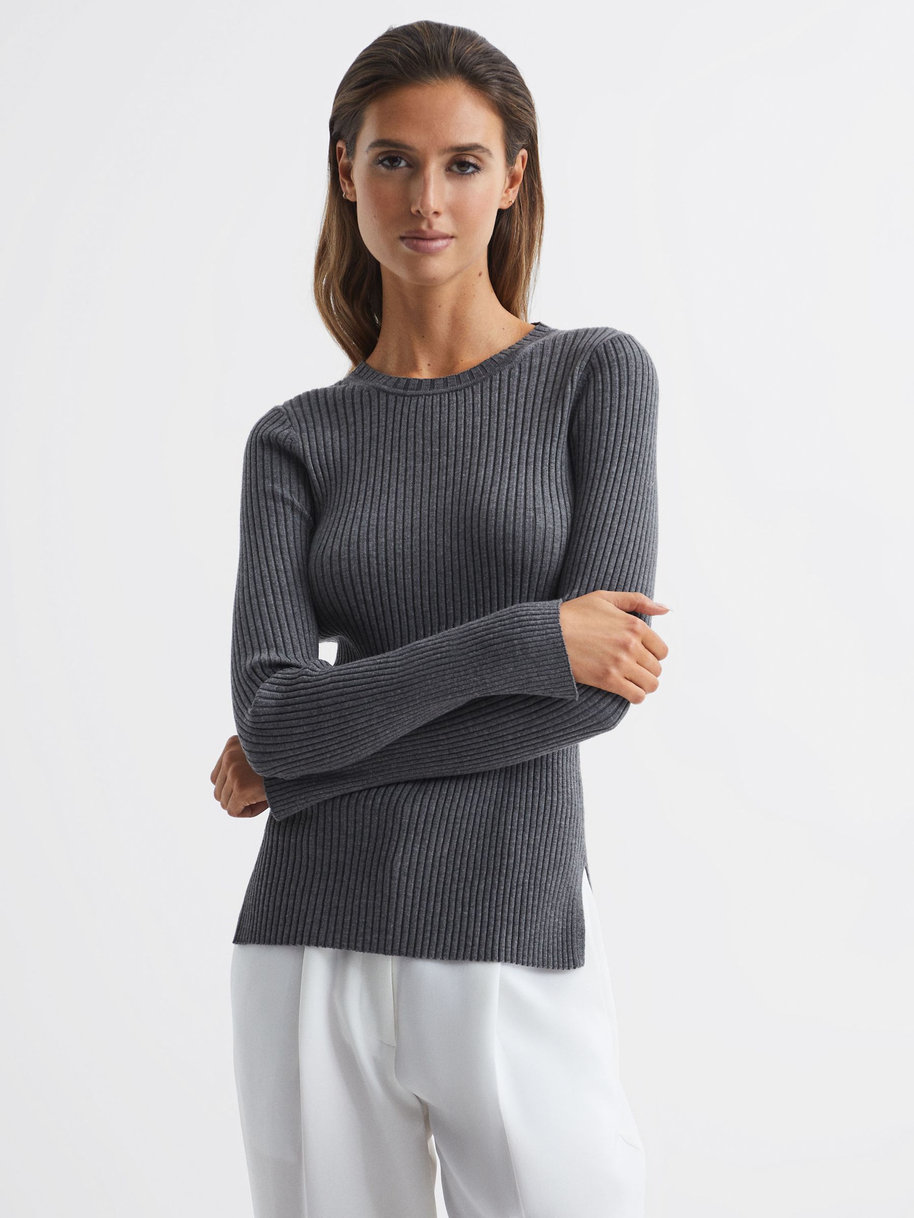 Slim Fit Ribbed Crew Neck Split Sleeve Jumper in Grey - Image 1 of 7