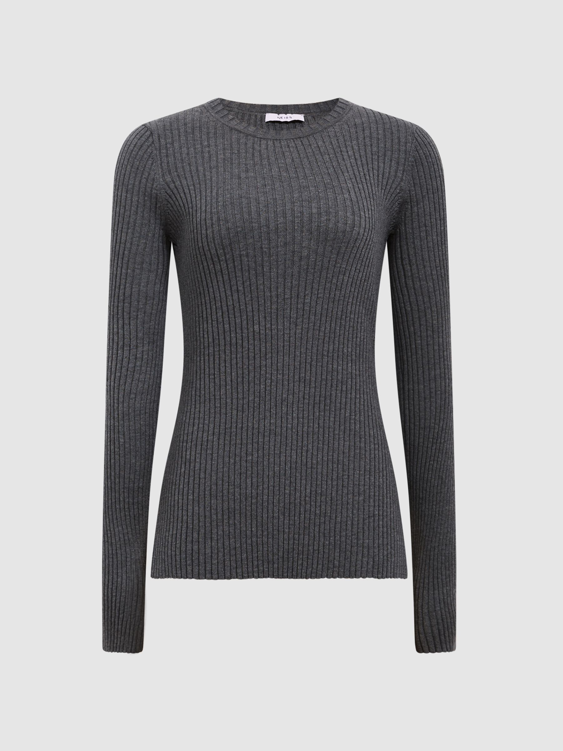Reiss Slim Fit Ribbed Crew Neck Split Sleeve Jumper in Grey