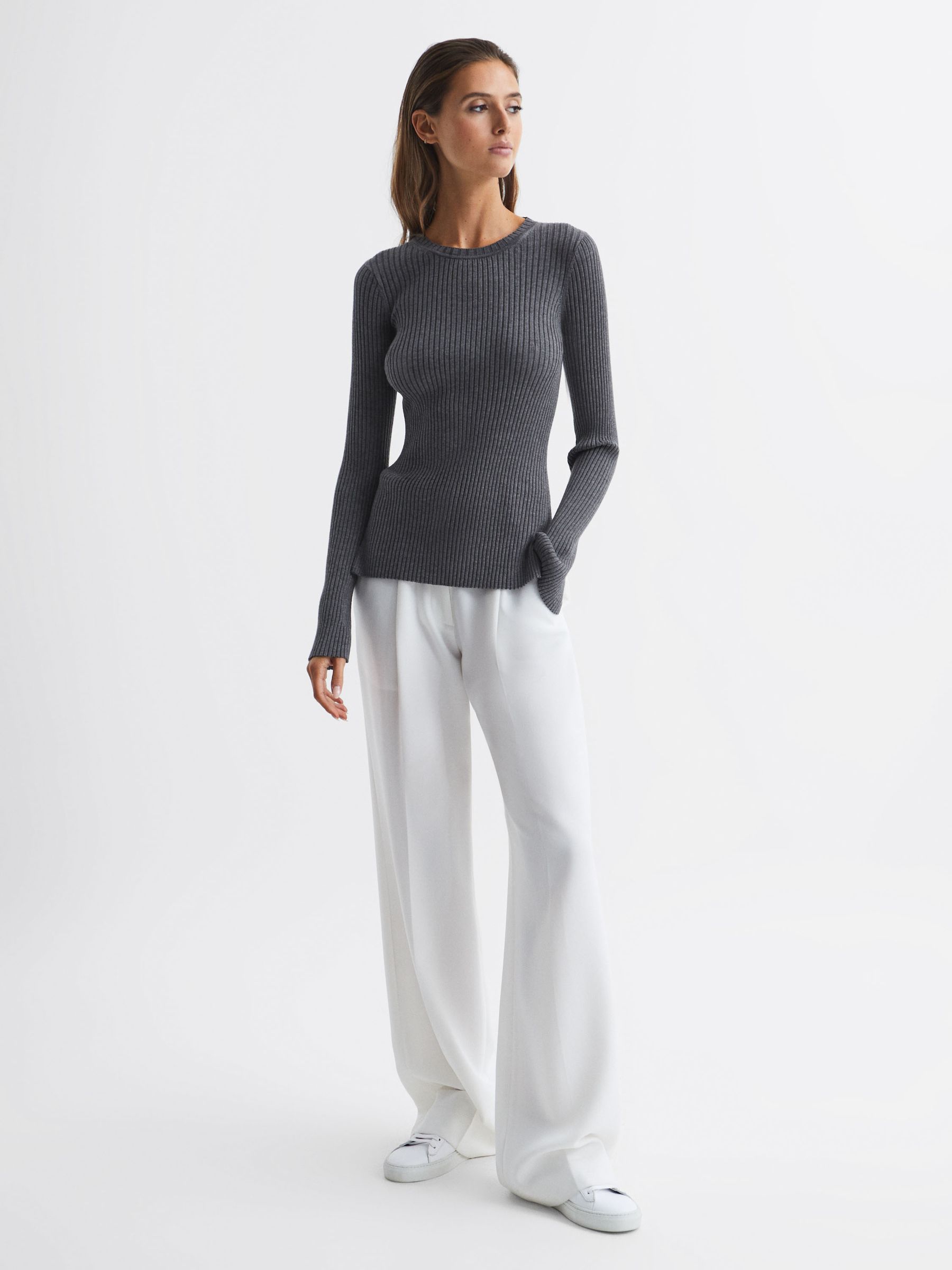 Slim Fit Ribbed Crew Neck Split Sleeve Jumper in Grey - Image 3 of 7