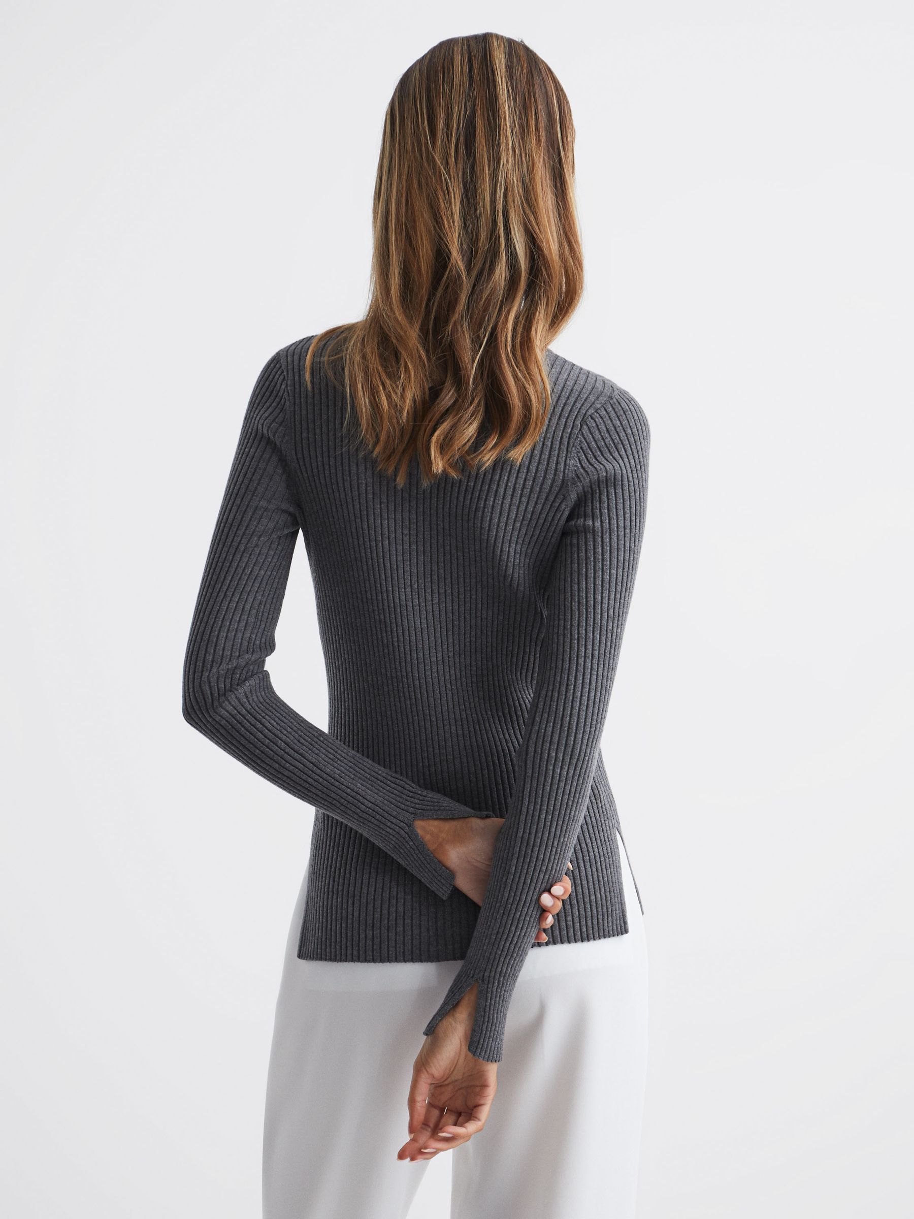 Slim Fit Ribbed Crew Neck Split Sleeve Jumper in Grey - Image 5 of 7