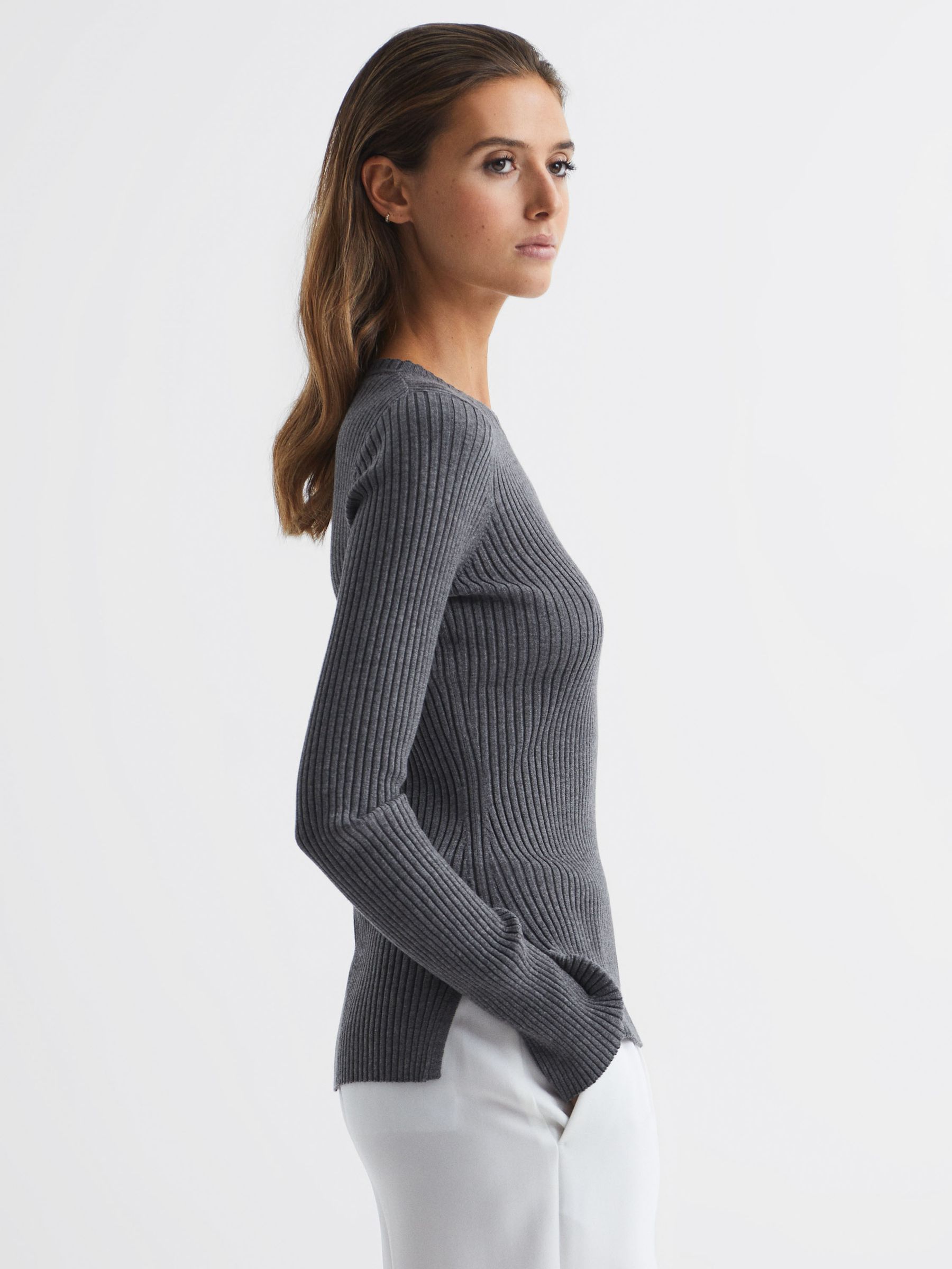 Slim Fit Ribbed Crew Neck Split Sleeve Jumper in Grey - Image 6 of 7