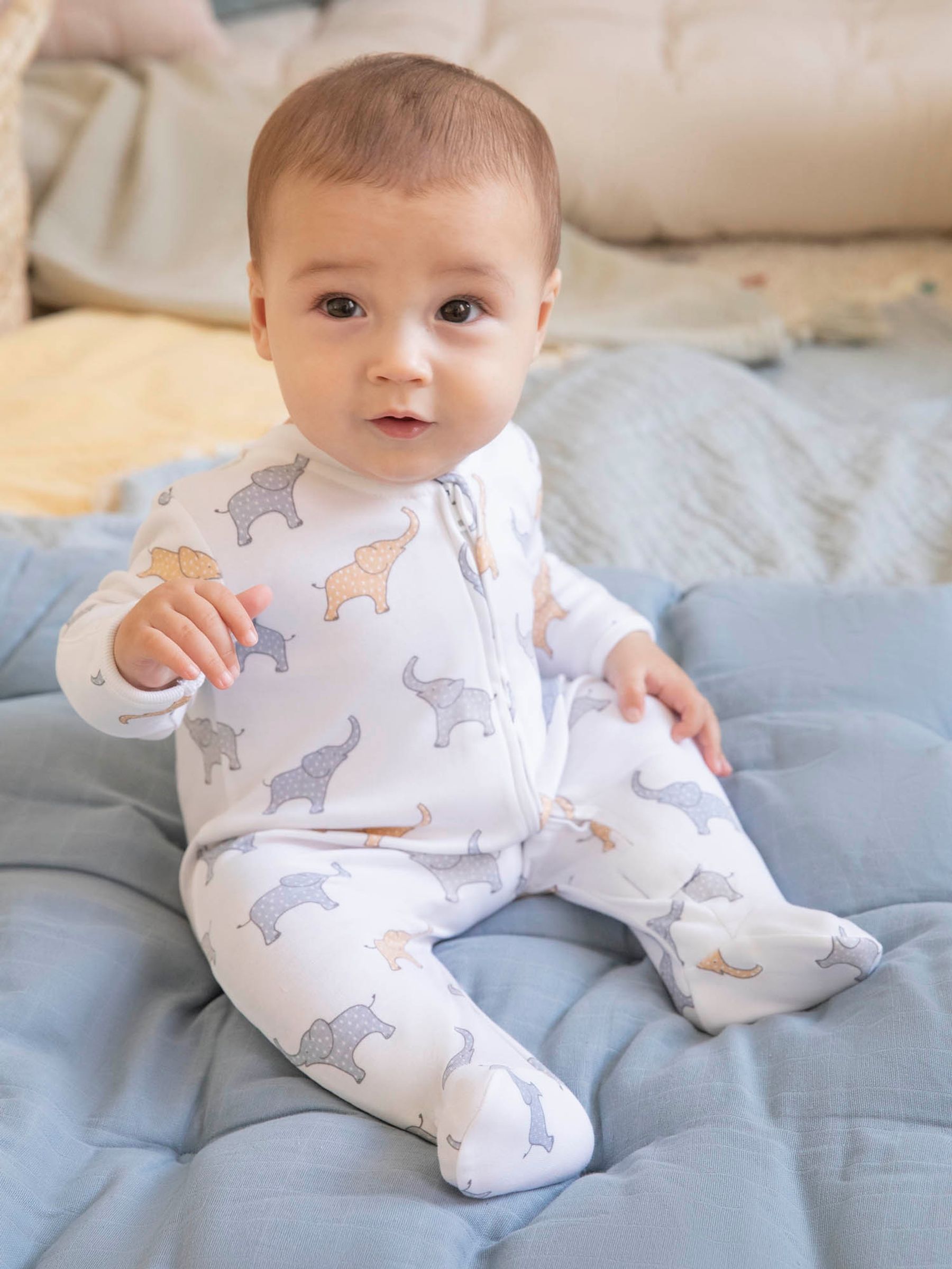 White Elephant Print Zip Cotton Baby Sleepsuit - Image 1 of 5
